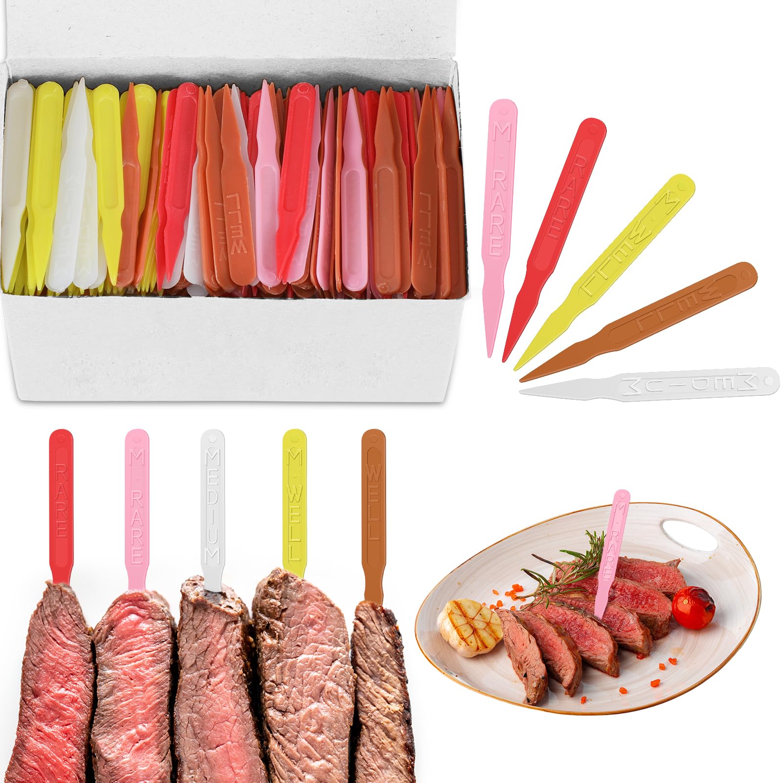 500 Pcs 3 Inch Plastic Steak Markers Colorful Plastic Meat Doneness Picks Steak Temperature Sticks Rare, Medium Rare, Medium, Me