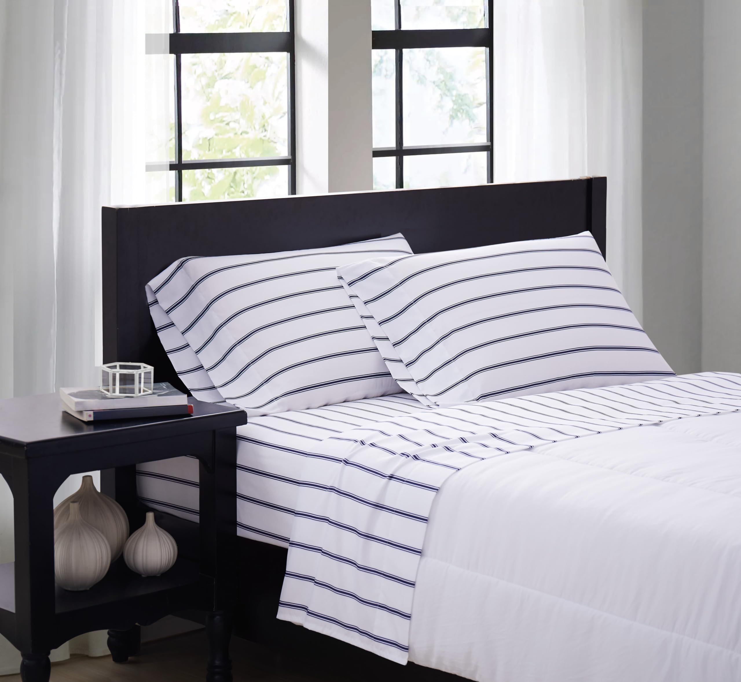 Truly Soft Everyday Truly Soft  Full Microfiber Sheet + Pillowcase Set  Ticking Stripe Collection  White/Navy,Navy/White,Ss38