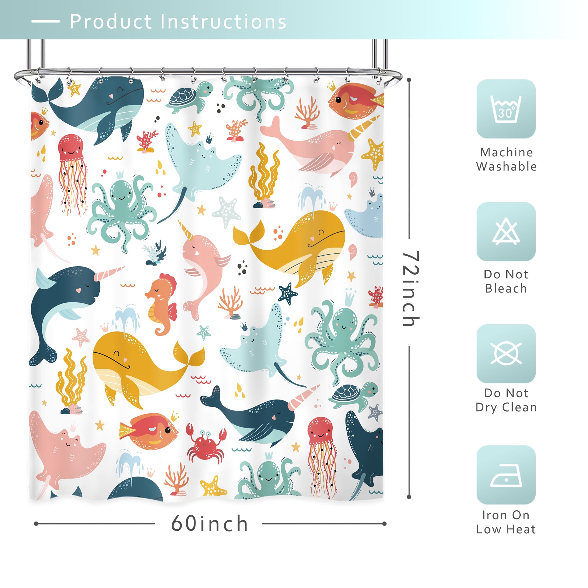 Riyidecor Funny Whale Kids Shower Curtain 60Wx72H Inch Cartoon Dolphin Curtains Cute Sea Marine Animal Ocean Fish Undersea Seali