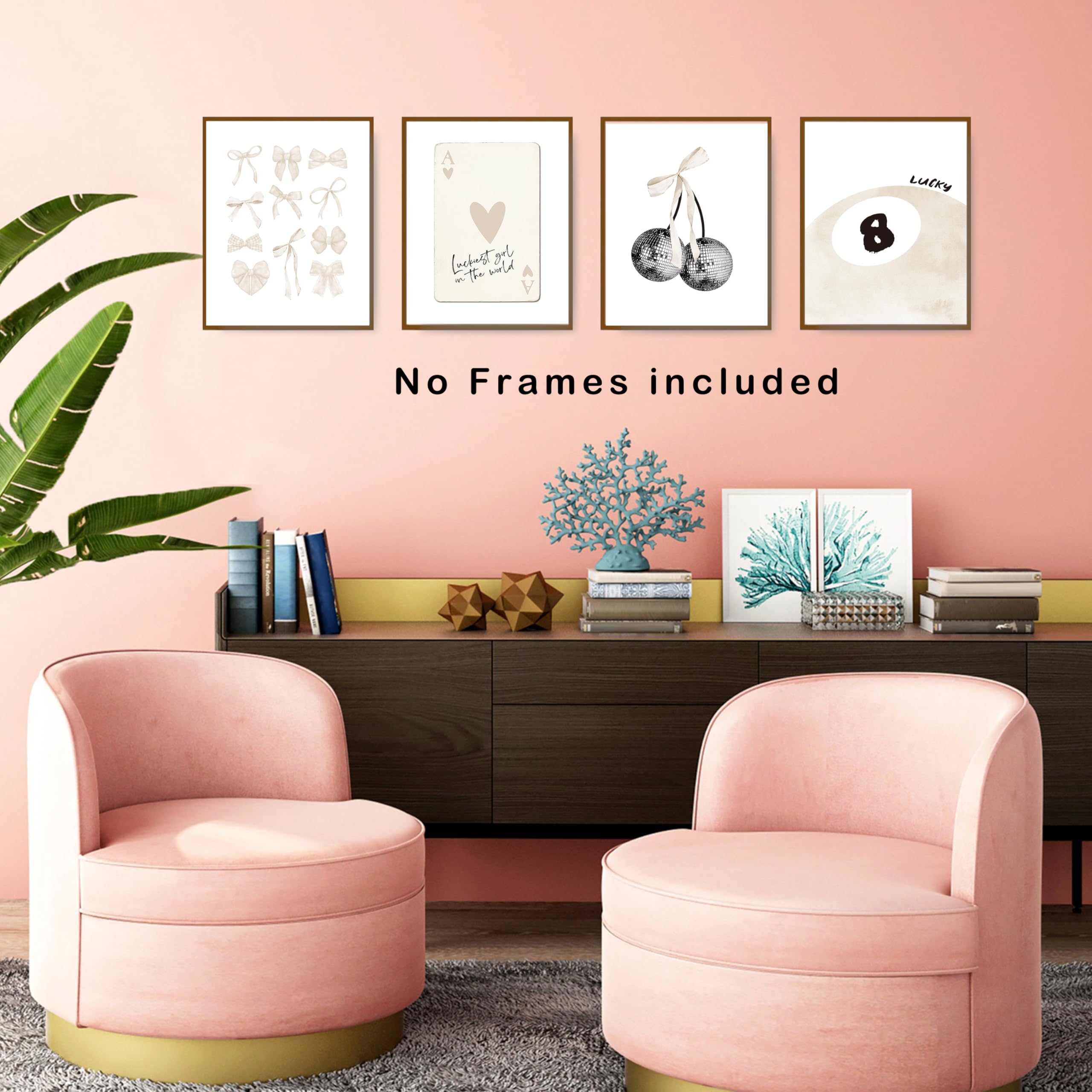 Okaxscm Beige Coquette Trendy Preppy Wall Art Prints Set Of 4, Coquette Room Decor, Preppy Room Decor Aesthetic, Beige Bow Disco