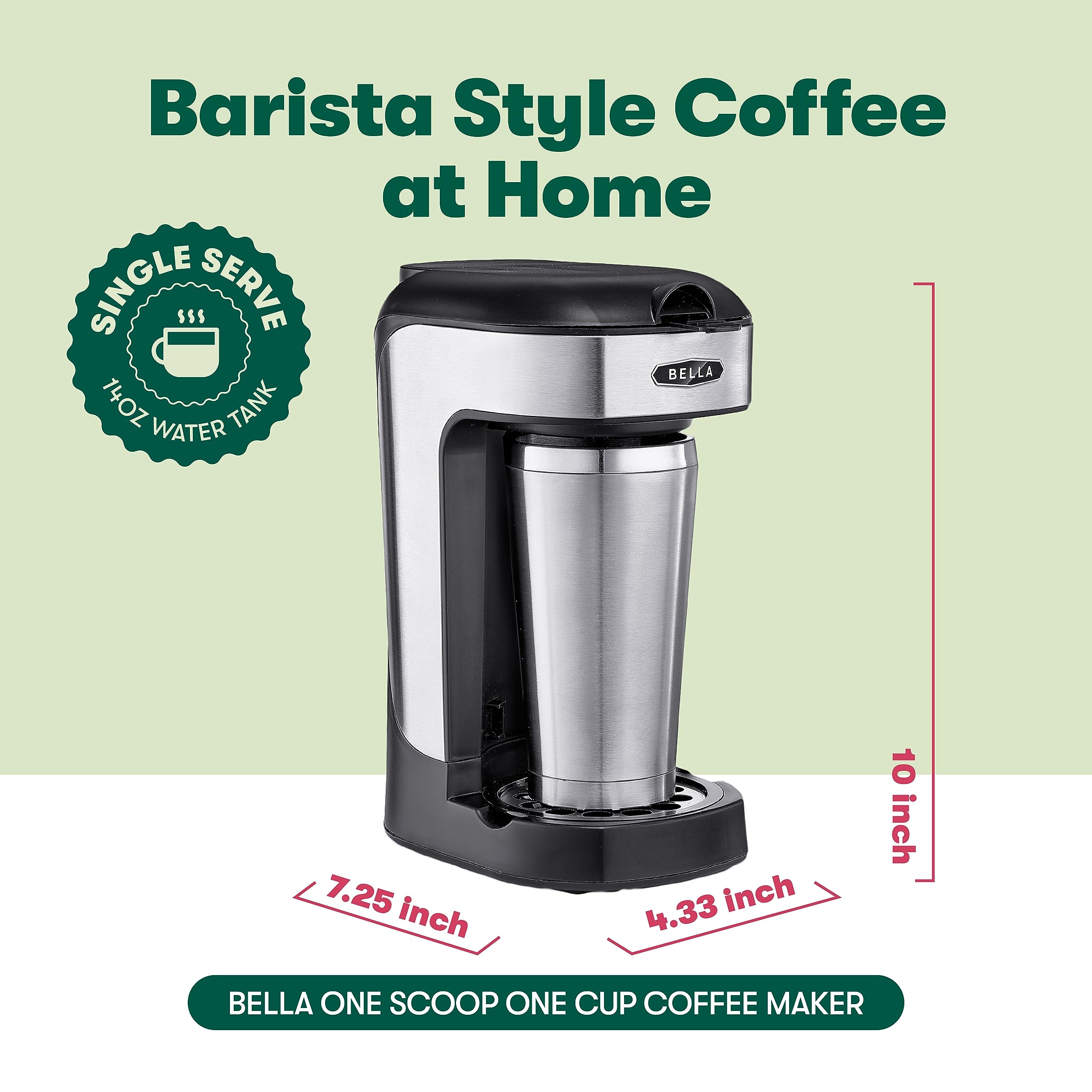 Bella One Scoop One Cup Coffee Maker, Single Serve Brewer With Adjustable Drip Tray And Permanent Filter, Dishwasher Safe, Stain