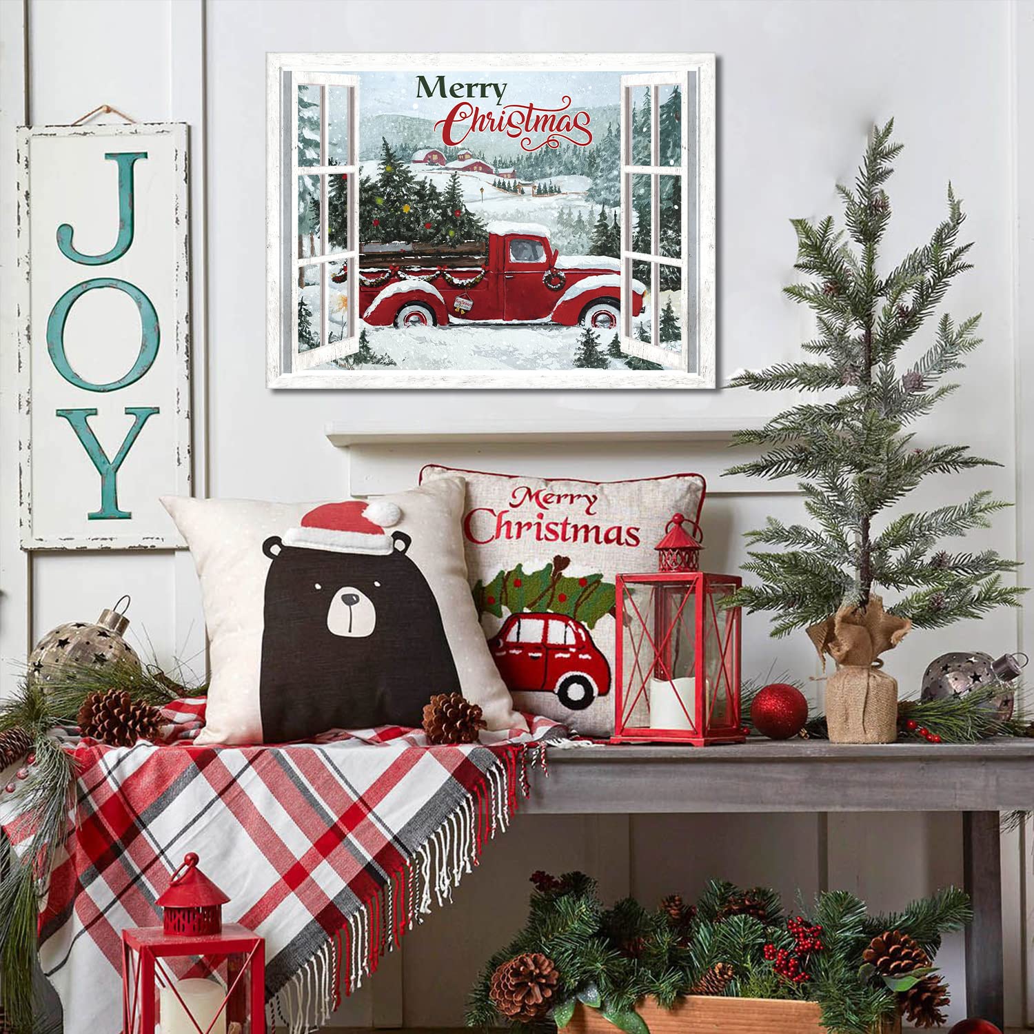 KAIRNE Merry Christmas Truck Canvas Decor, 12x16 inch Rustic Wall Art, Wood Material, Winter Snow Sign for Festive Home Decoration