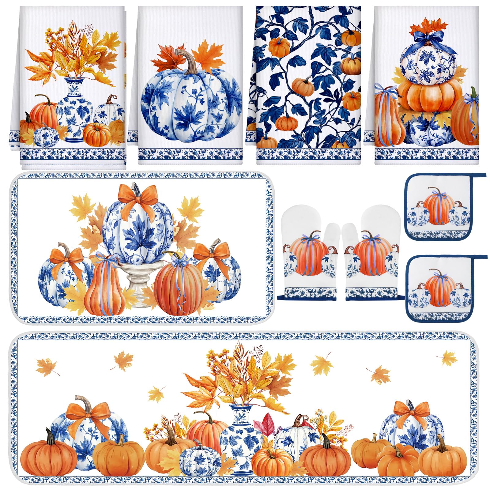 Fanfanwin 10 Pcs Thanksgiving Pumpkin Kitchen Decor Set Kitchen Towels Pot Holders Oven Mitts and Rugs Set Blue and White Porcel