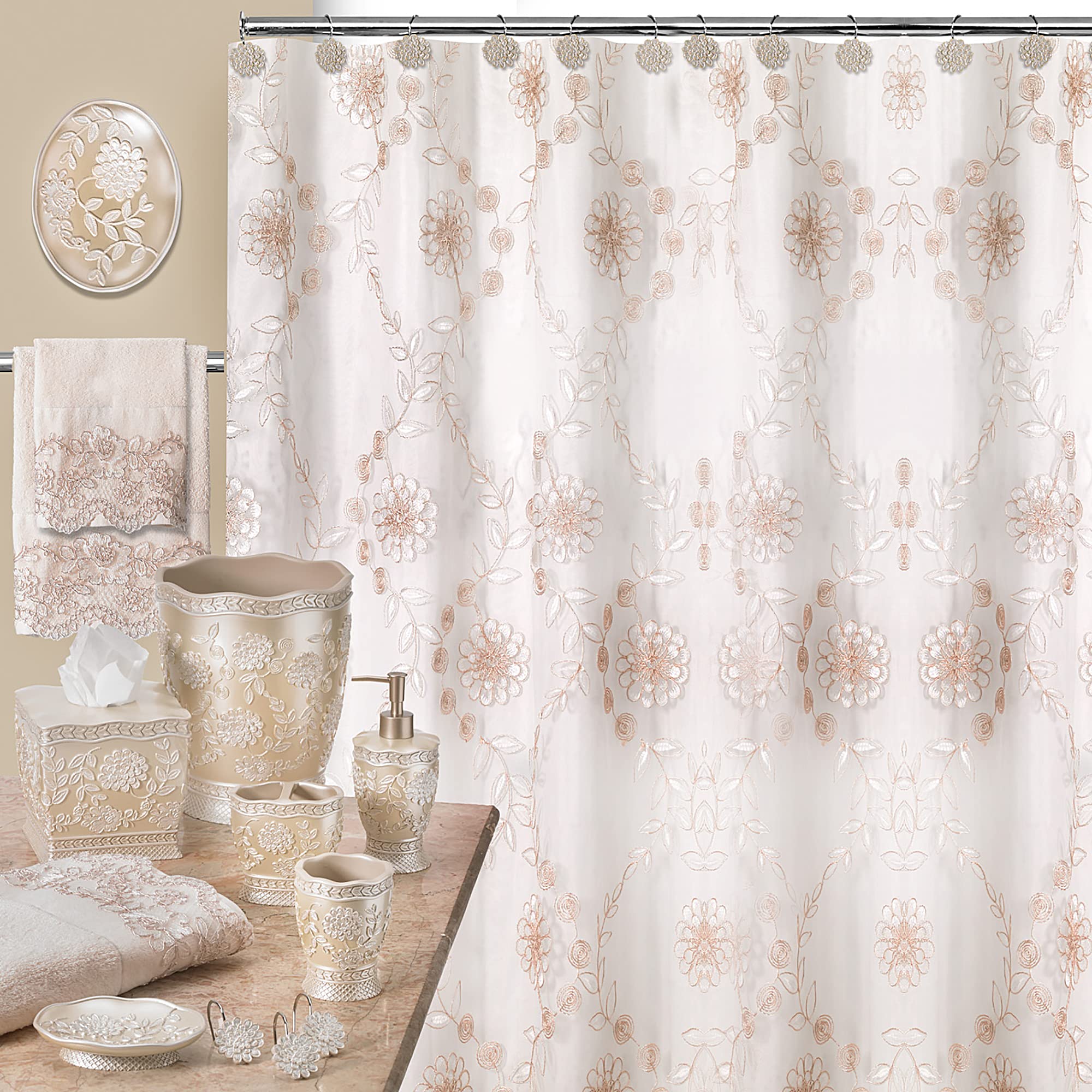 Zahari Home 4pc Rose Vine Bathroom Accessories Sets Lotion Pump  Tumbler  Tooth Brush Holder and Soap Dish Unique Design Beige Bathroom Set
