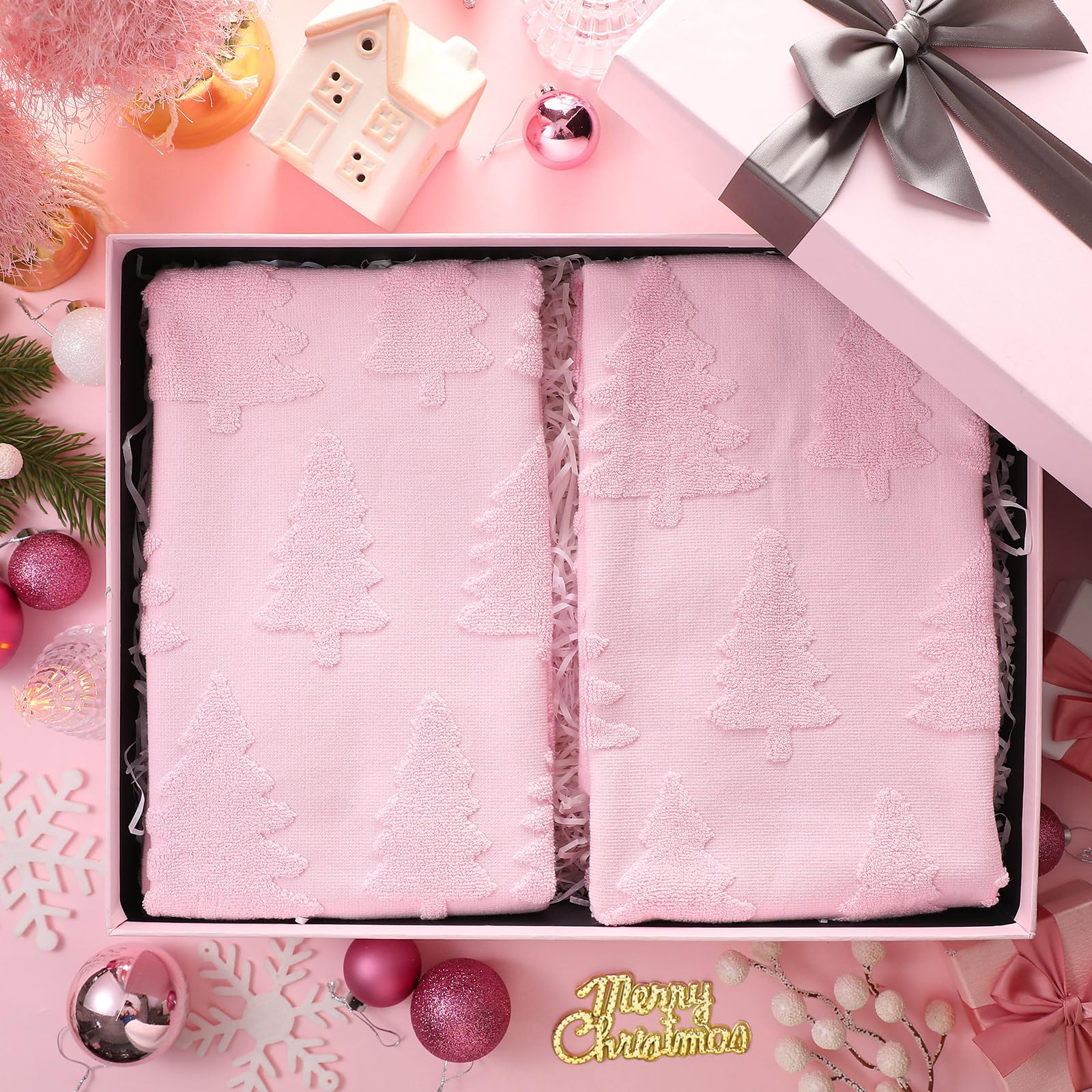 Breling 2 Pcs Christmas Hand Towels Pink Christmas Trees Bathroom Decorative Towels 100% Cotton Absorbent Jacquard Weave Bath De