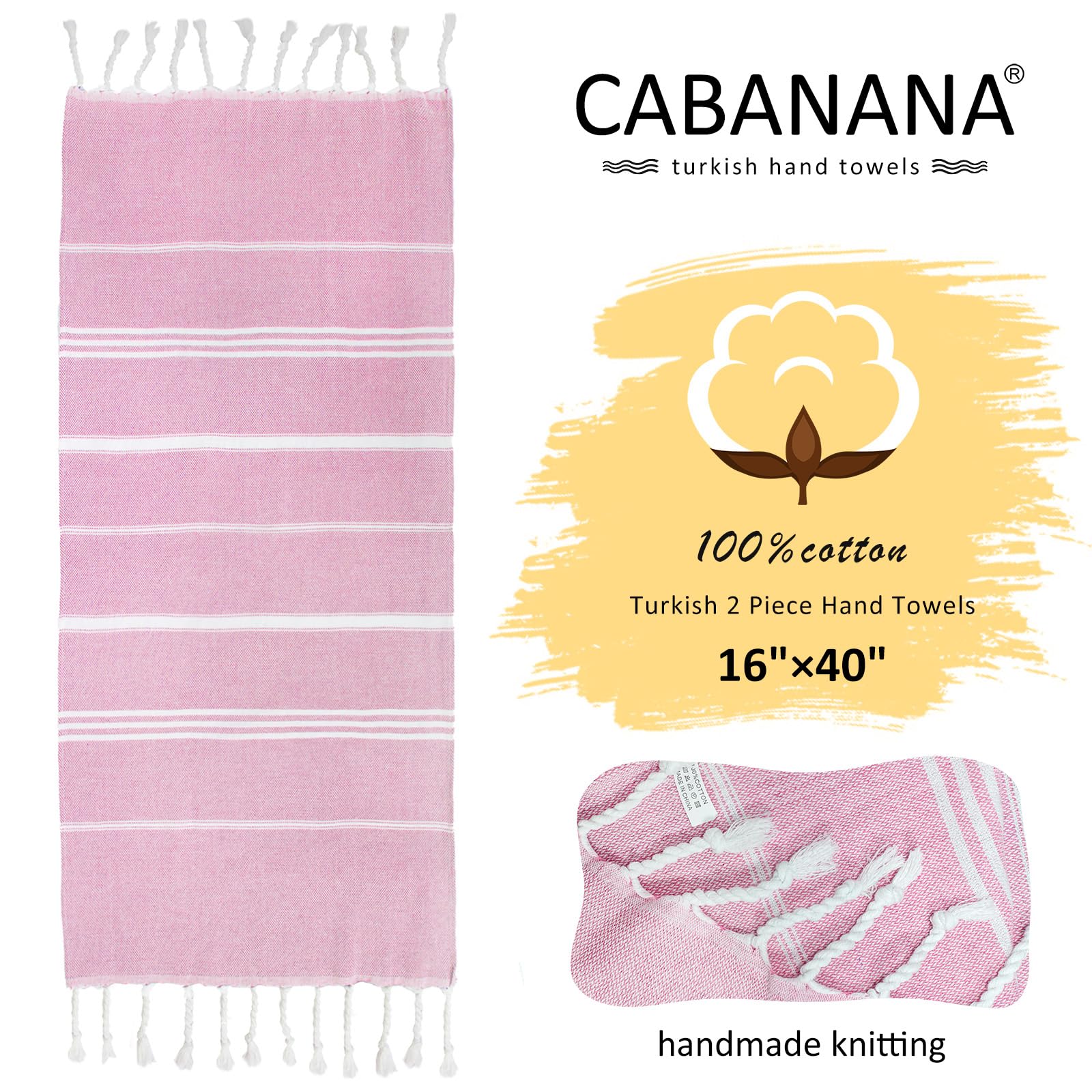 Cabanana Cotton Turkish Hand Towel - Set Of 2 | Boho Kitchen Tea Towels, 40 X 16 Inches Thin Decorative Bathroom Towel (Pink)