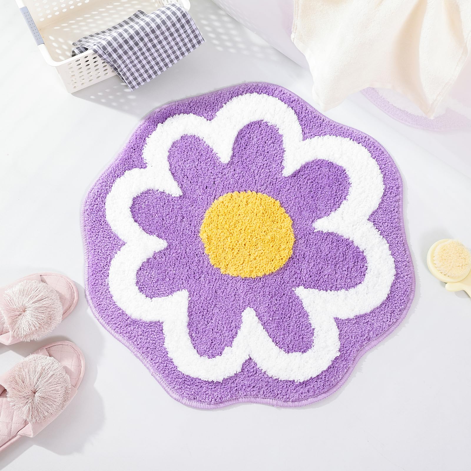 Truedays Bathroom Rugs Cute Bath Mat For Women Small Water Absorbent Non Slip Bath Rug Purple Flower Soft Microfiber Washable Ba