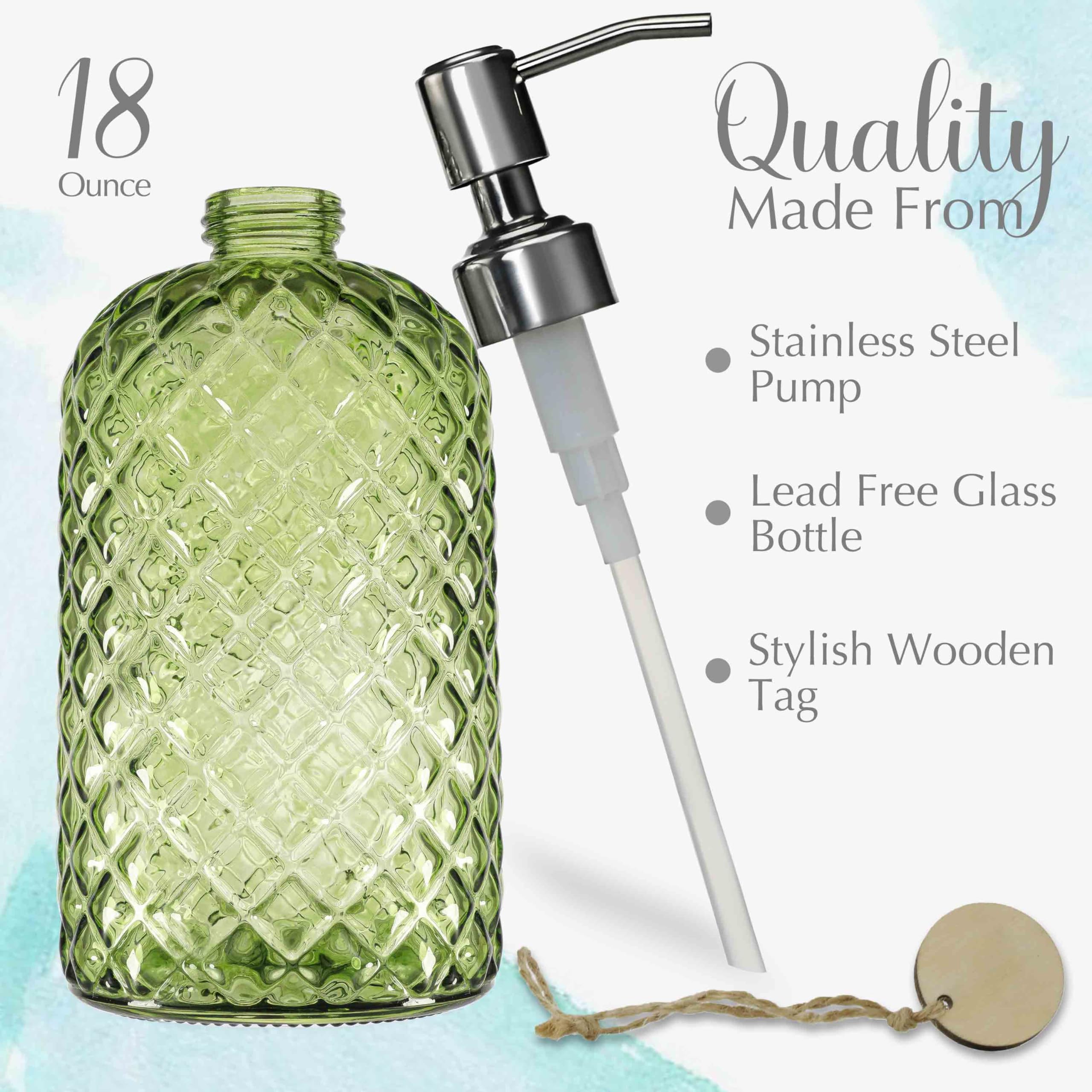 Jasai 18Oz Tea Green Soap Dispenser With Rust Proof Pump, Refillable Glass Soap Dispenser For Bathroom & Kitchen To Dispense Dis