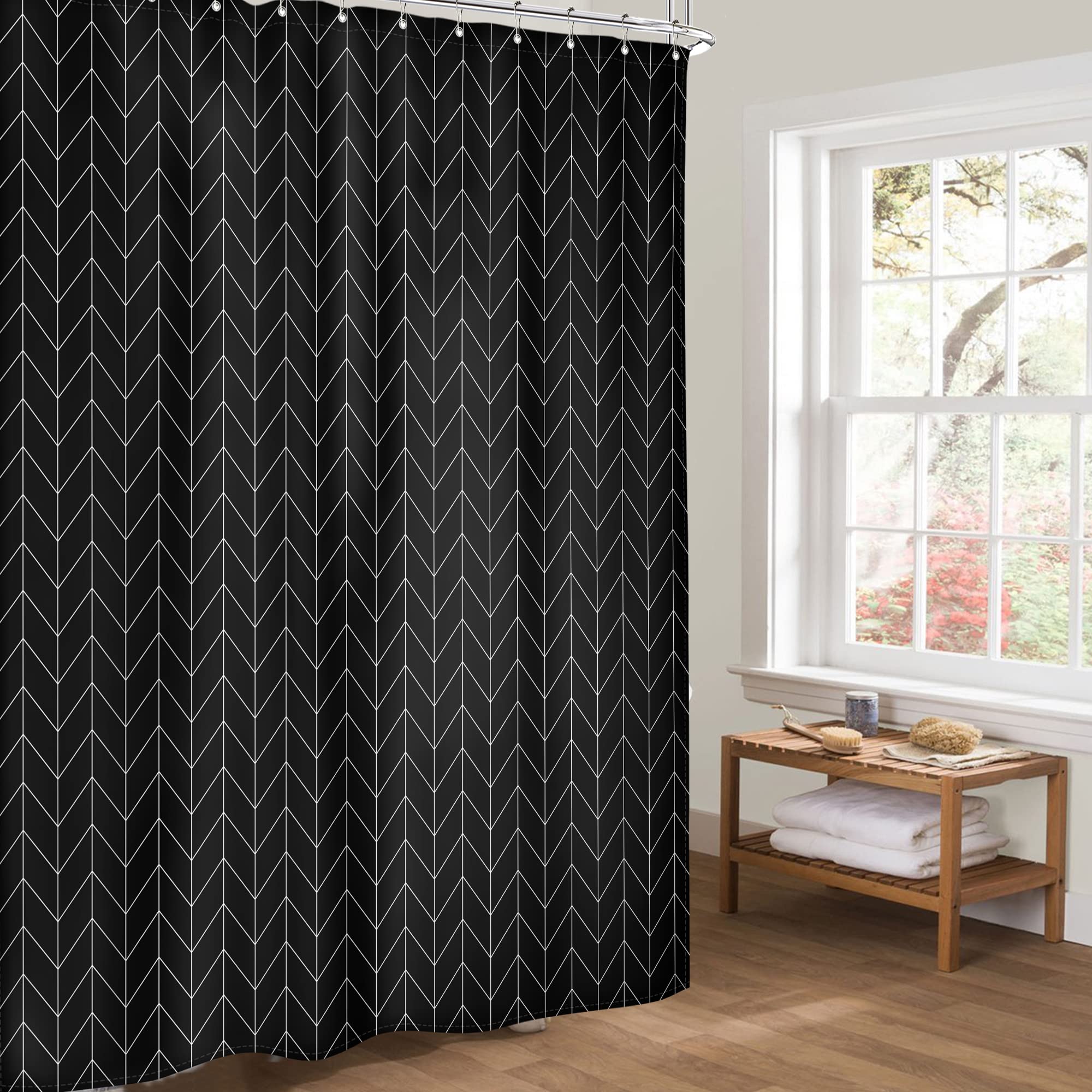 Riyidecor Herringbone Chevron Shower Curtain Extra Long 72x84 Inch Black Geometric Striped Modern Fashion Panel Decor Fabric Bathroom Set Polyester Waterproof 12 Pack Hooks