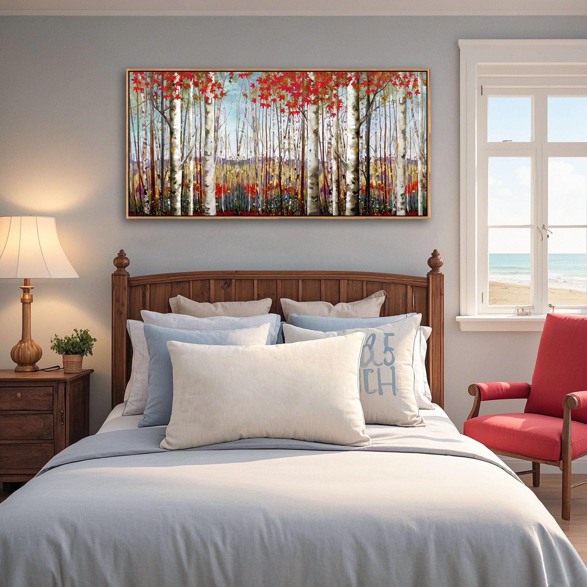 Large Framed Wall Art For Living Room Bedroom Modern Wall Decor Of Red Leaves White Birch Tree Painting Artwork Wall Decoration