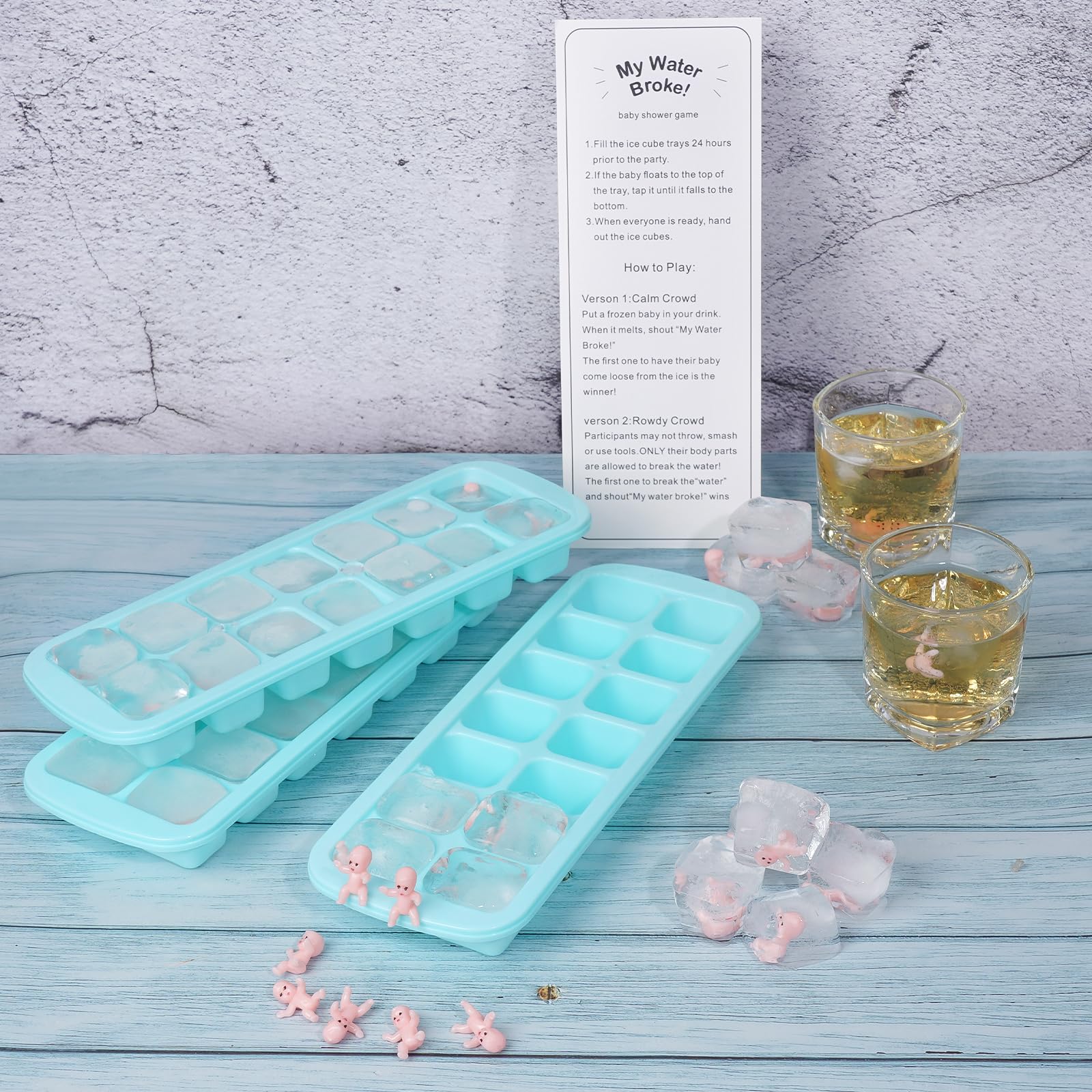 ZJJZGYXINTAI Baby Shower Game - 80 Mini Plastic Babies, 3 Ice Cube Trays, Sign - Green