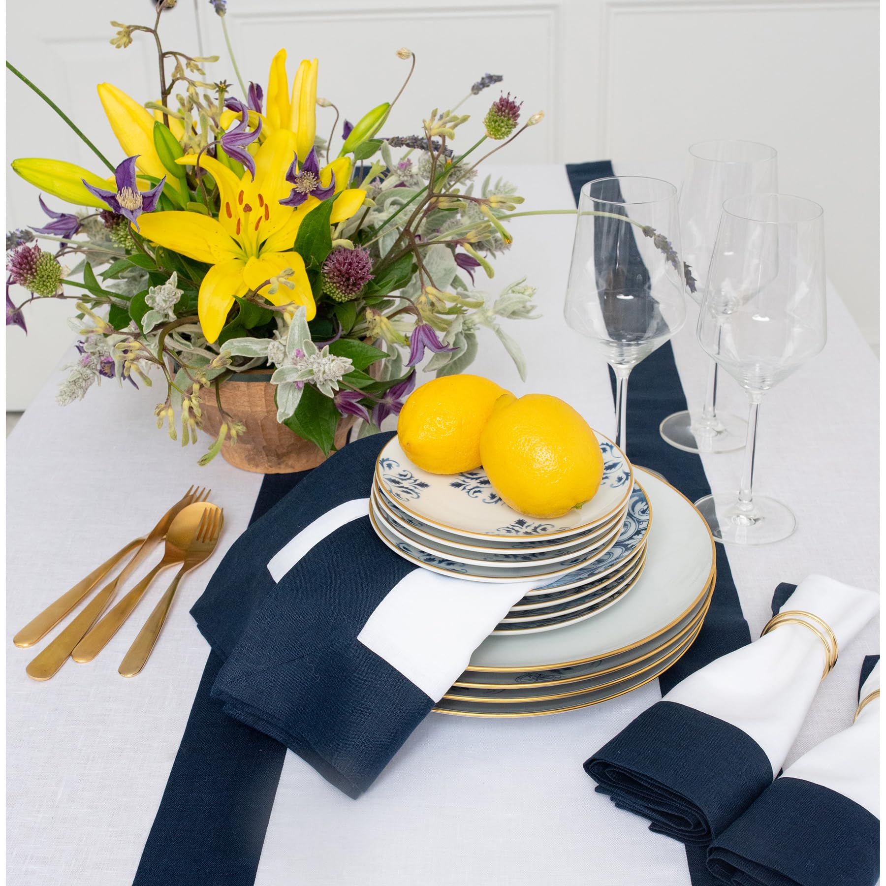 Solino Home Linen Table Runner 120 Inches Long - Contempo, 100% Pure Linen Navy And White Table Runner 14 X 120 Inch Ideal For W