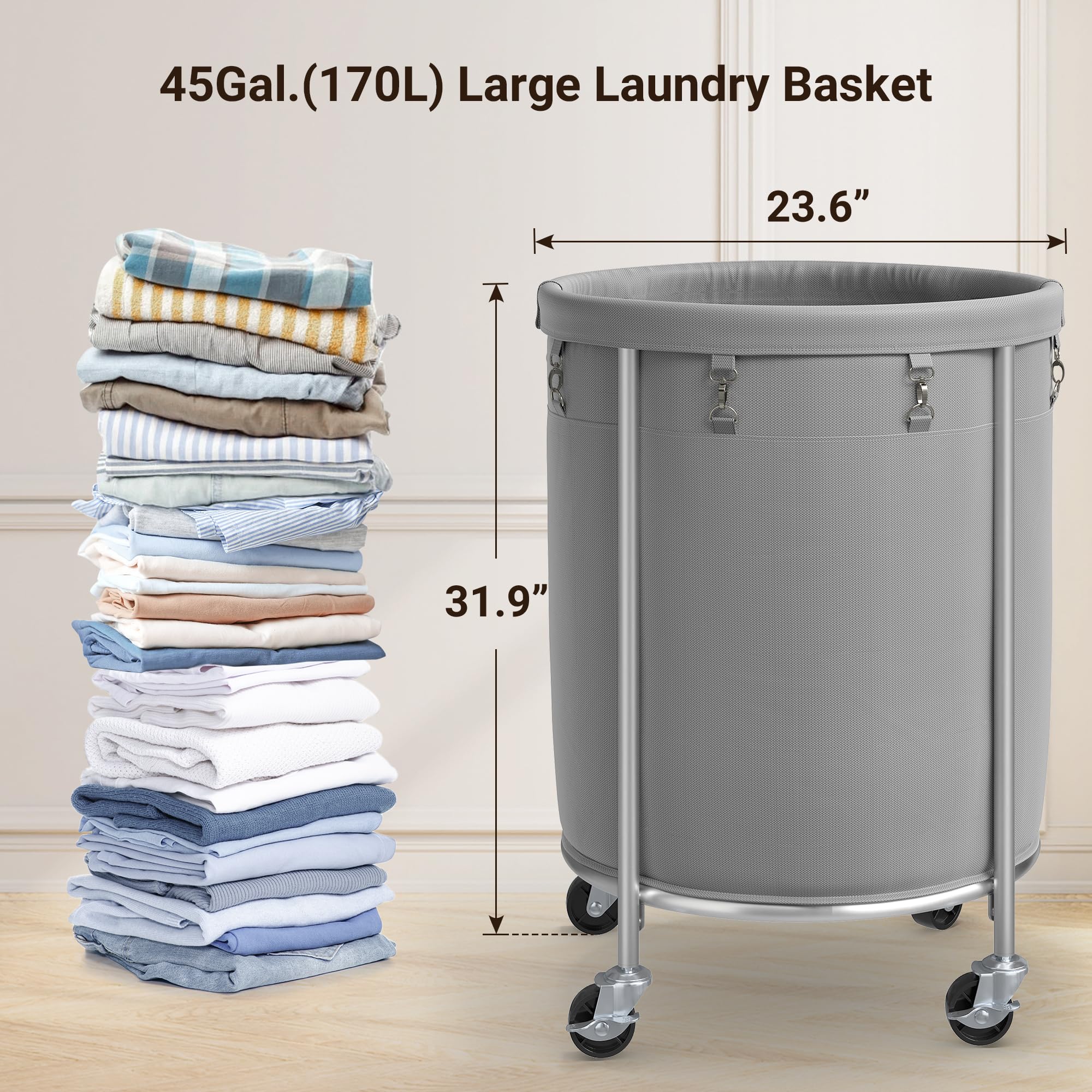 Elyken Laundry Basket With Wheels, 45 Gallons Rolling Laundry Hamper With Removable Bag And Steel Frame, Round Laundry Cart With