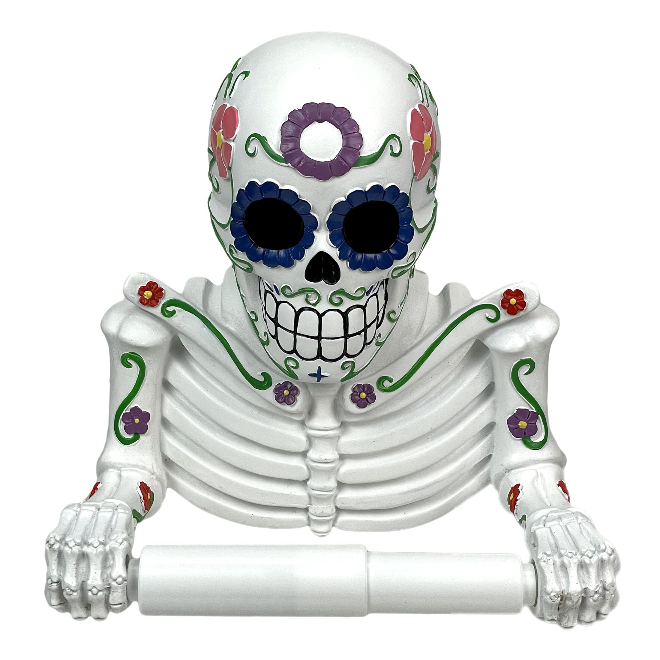 D  A De Los Muertos Vibrant Sugar Skull Skeleton Toilet Paper Holder - Whimsical Bathroom Tissue Dispenser And Novelty Home Deco