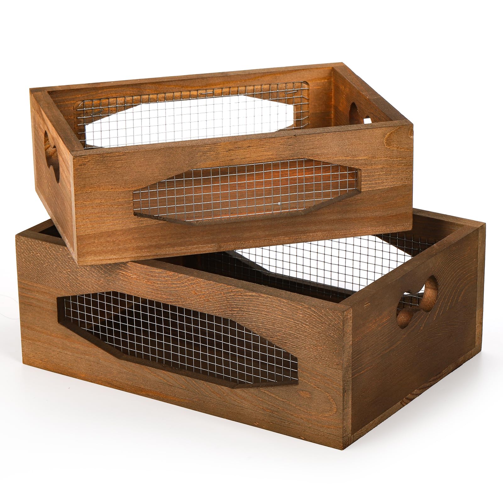 Okllen Set Of 2 Wooden Nesting Countertop Baskets, Decorative Wood Storage Box Farmhouse Rustic Crate With Cutout Handles For Br