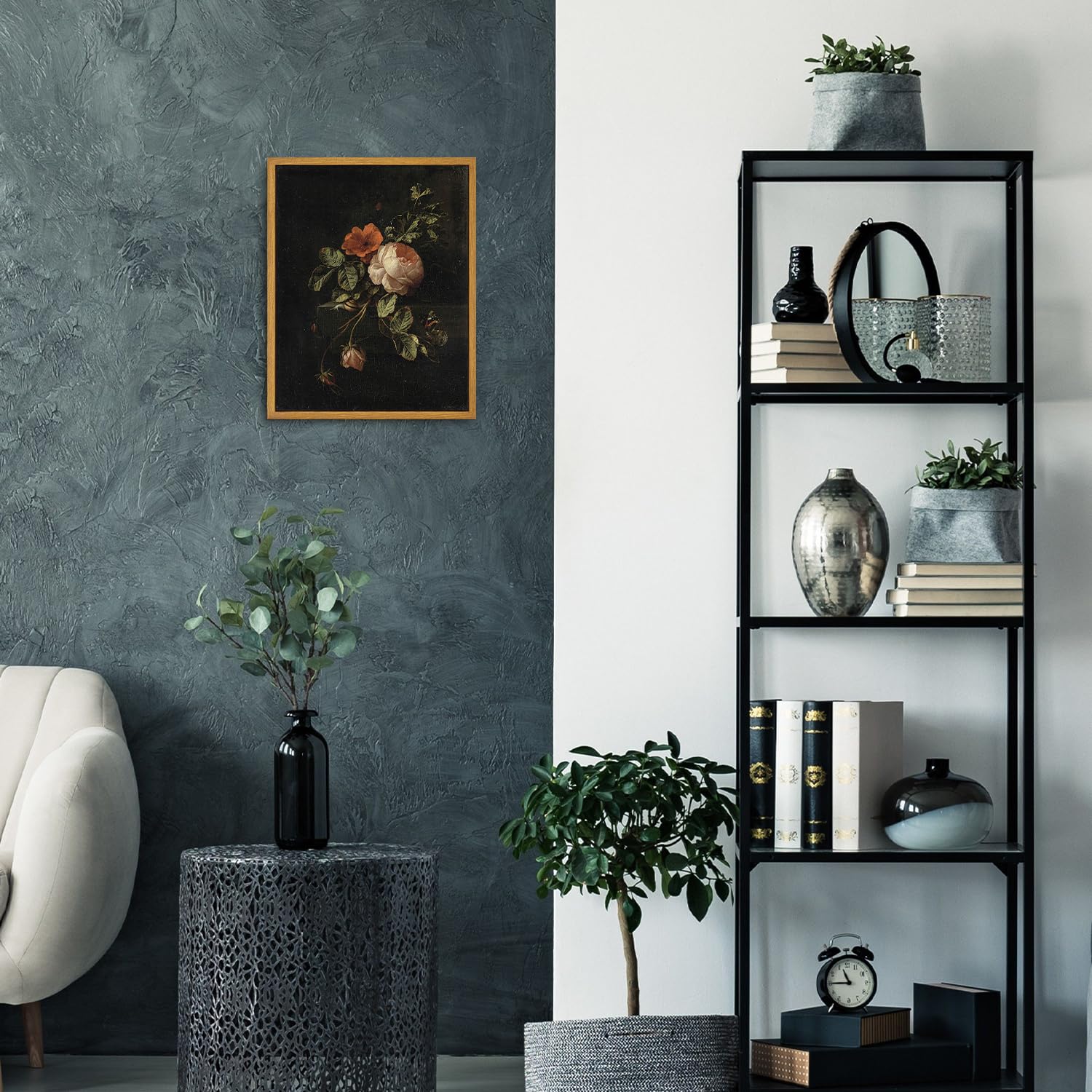 Roslynity Framed Canvas Wall Art Vintage Print Oil Paintings Moody Dark Flower Botanical Floral Still Life With Roses Retro Aest