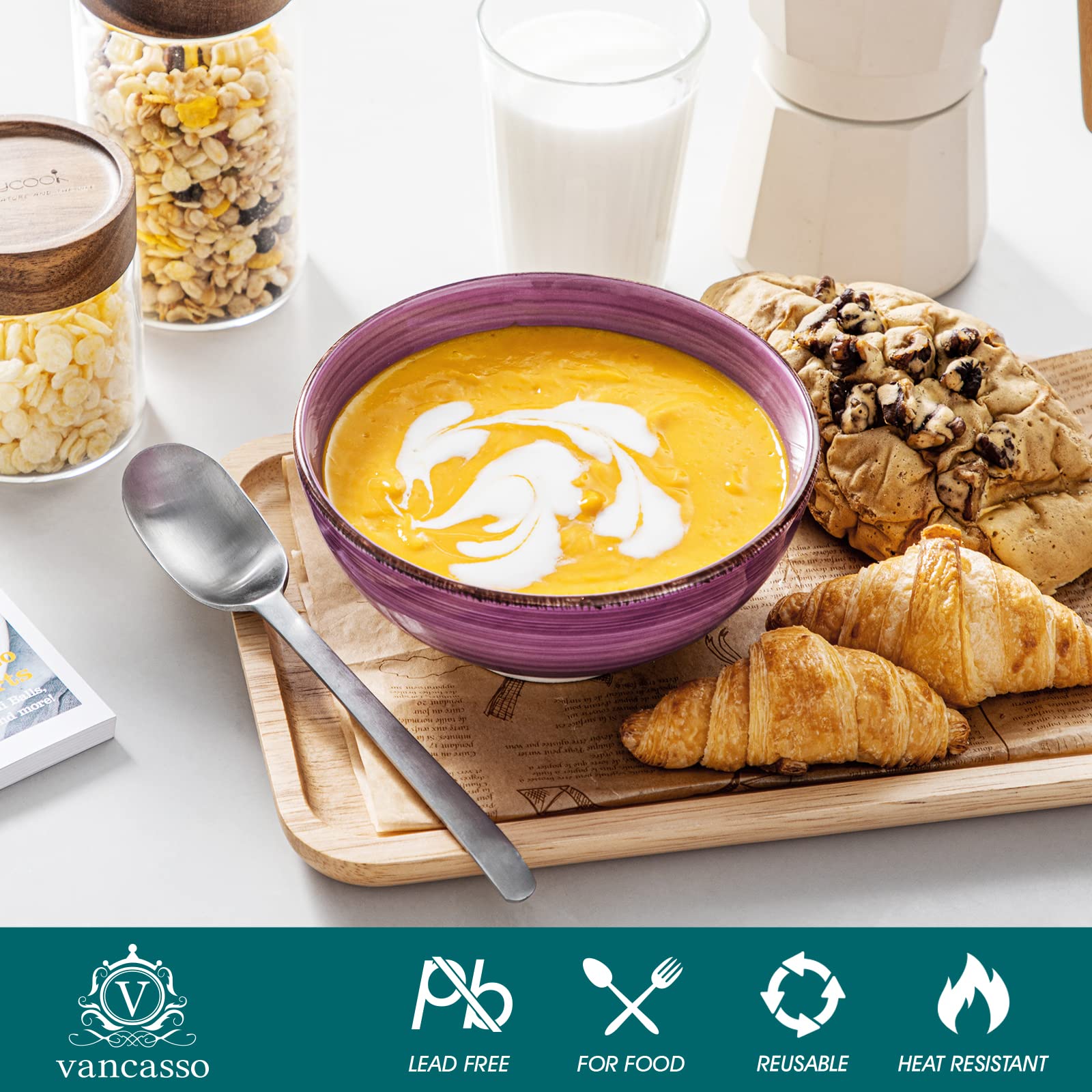 Vancasso Bonita 27 Oz Cereal Bowls Set Of 6, Ceramic Bowls For Kitchen, 6 Inch Soup Bowls, Dishwasher & Microwave Safe