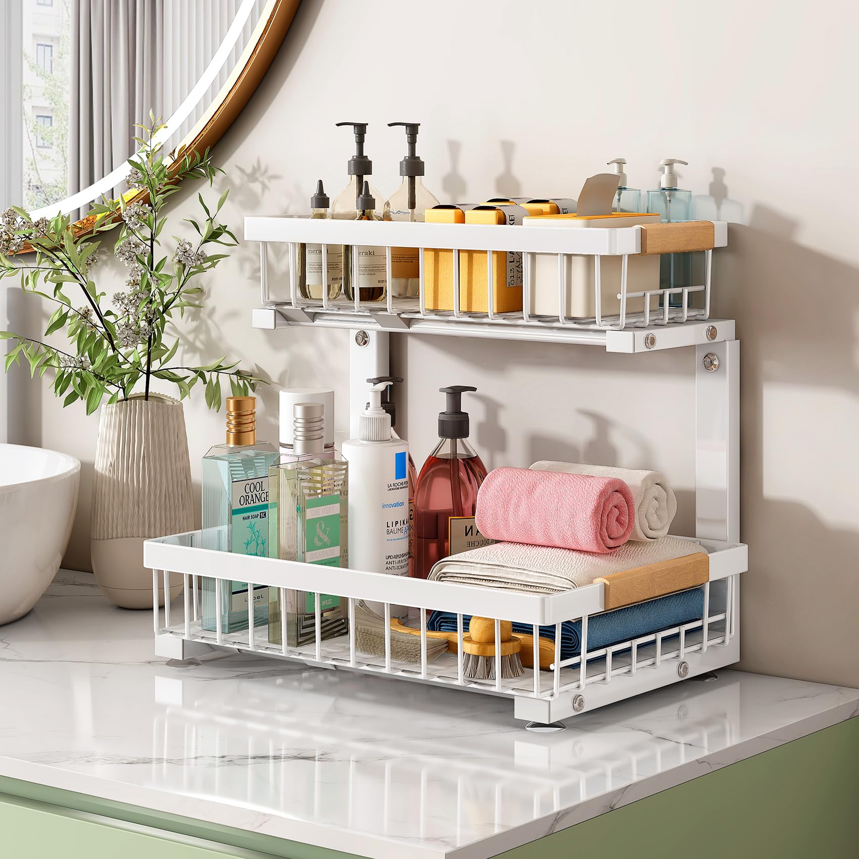 Pull Out Cabinet Organizer, 1 Pack Under Sink Organizer, Slide Out Metal Kitchen Cabinet Organizers Drawer Shelf, Sliding Storag