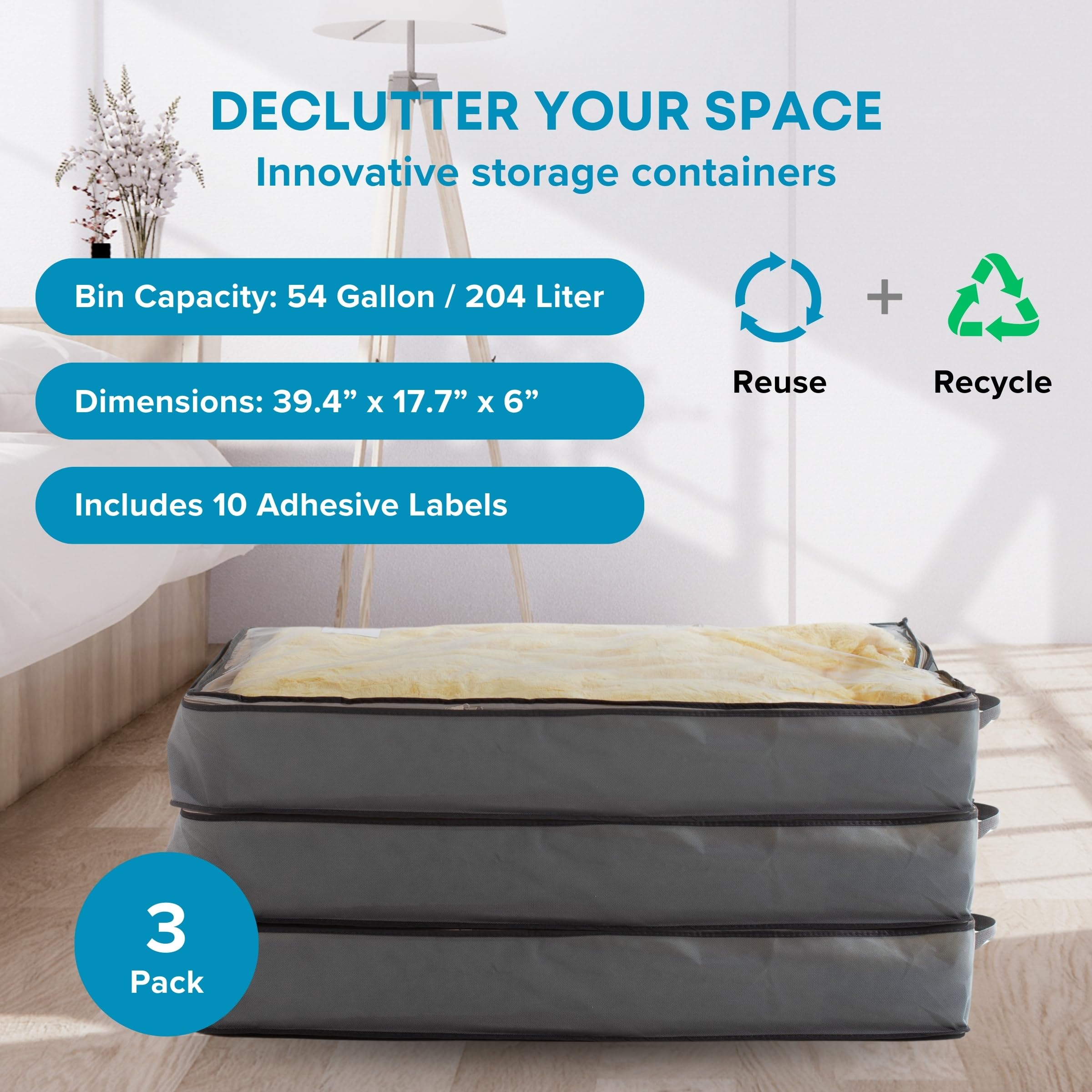 NestNeatly SmartCube Underbed Storage Bag, 3 Large Bins with Reinforced Handles Foldable Containers