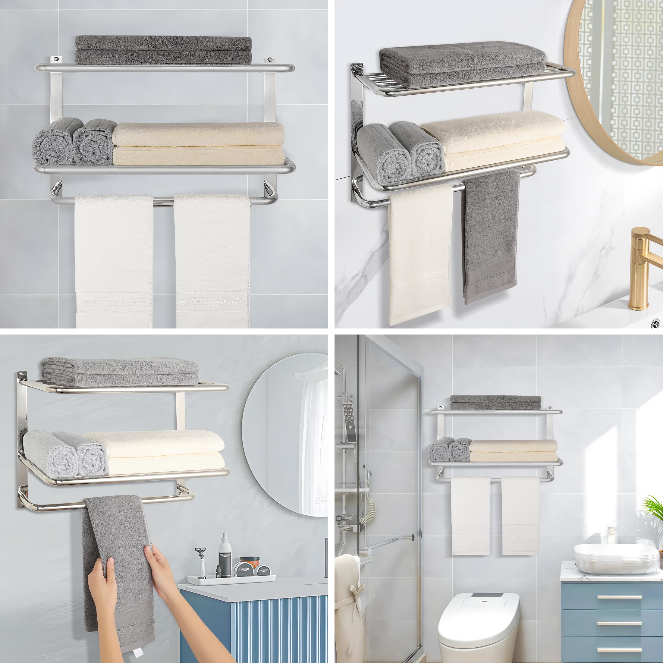 Bathroom Towel Rack with Tower Bars - SUS 304 Stainless Steel Lavatory Bath Towel Shelf Wall Mount Towel Holder Polished Surface Finish  22 Inch  3-Tier