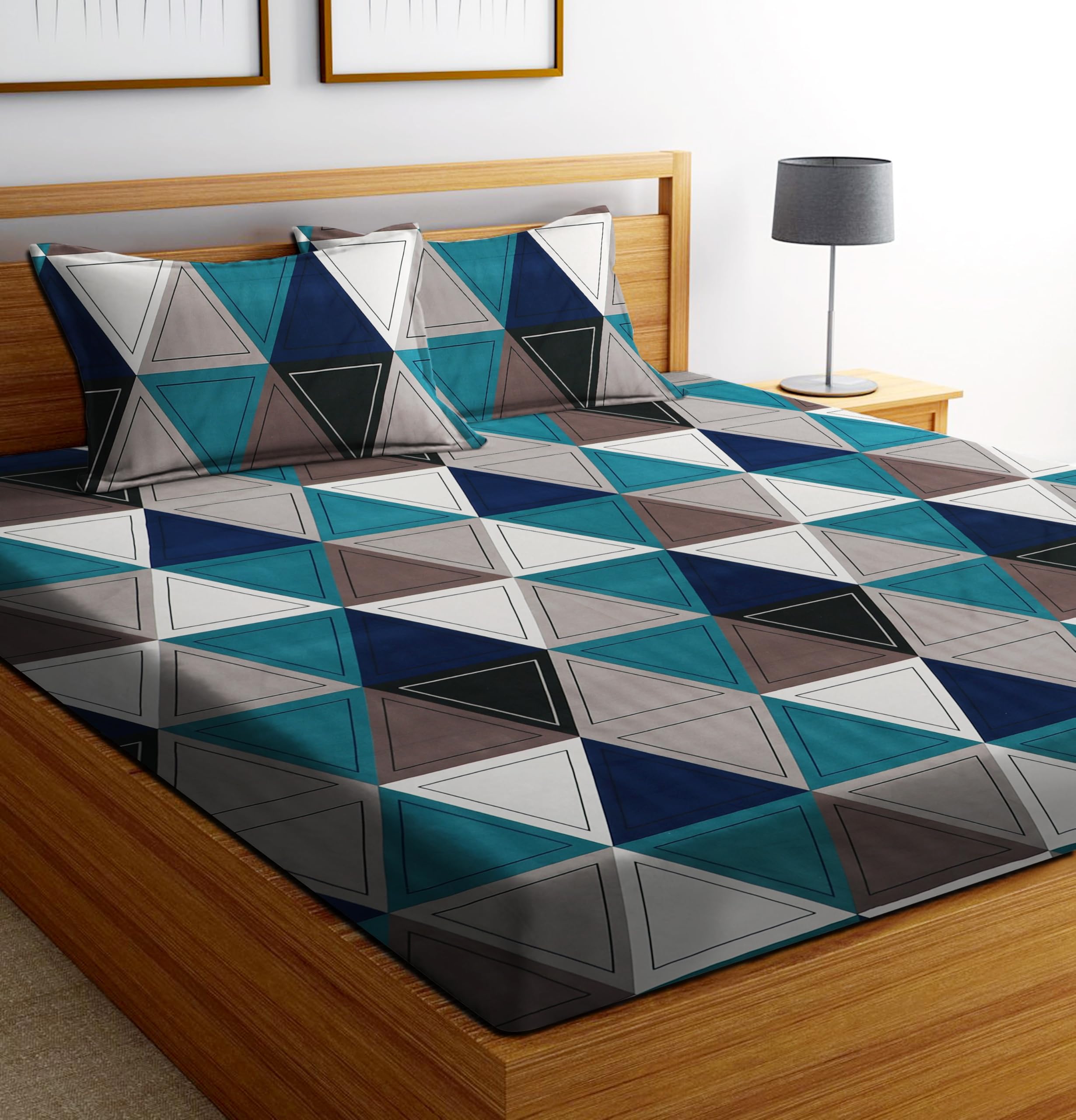 Shomes Cotton Glace Cotton Elastic Fitted Geometric Bedsheet With 2 King Size Pillow Covers | Double Bed With All Around Elastic