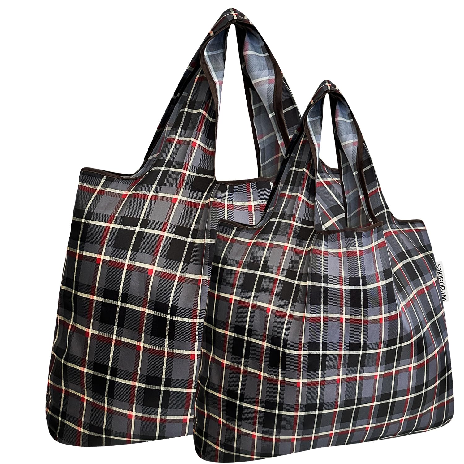 Allydrew Large & Small Foldable Tote Nylon Reusable Grocery Bags, Set Of 2, Black Plaid