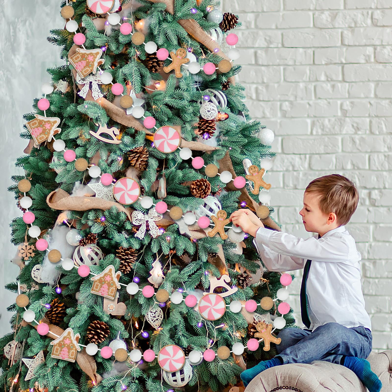 HunnmingRe Pink Christmas Gingerbread Garland 10 ft Gingerbread Man Candy House Pom Ball Felt Banner Pink White Brown Hanging De