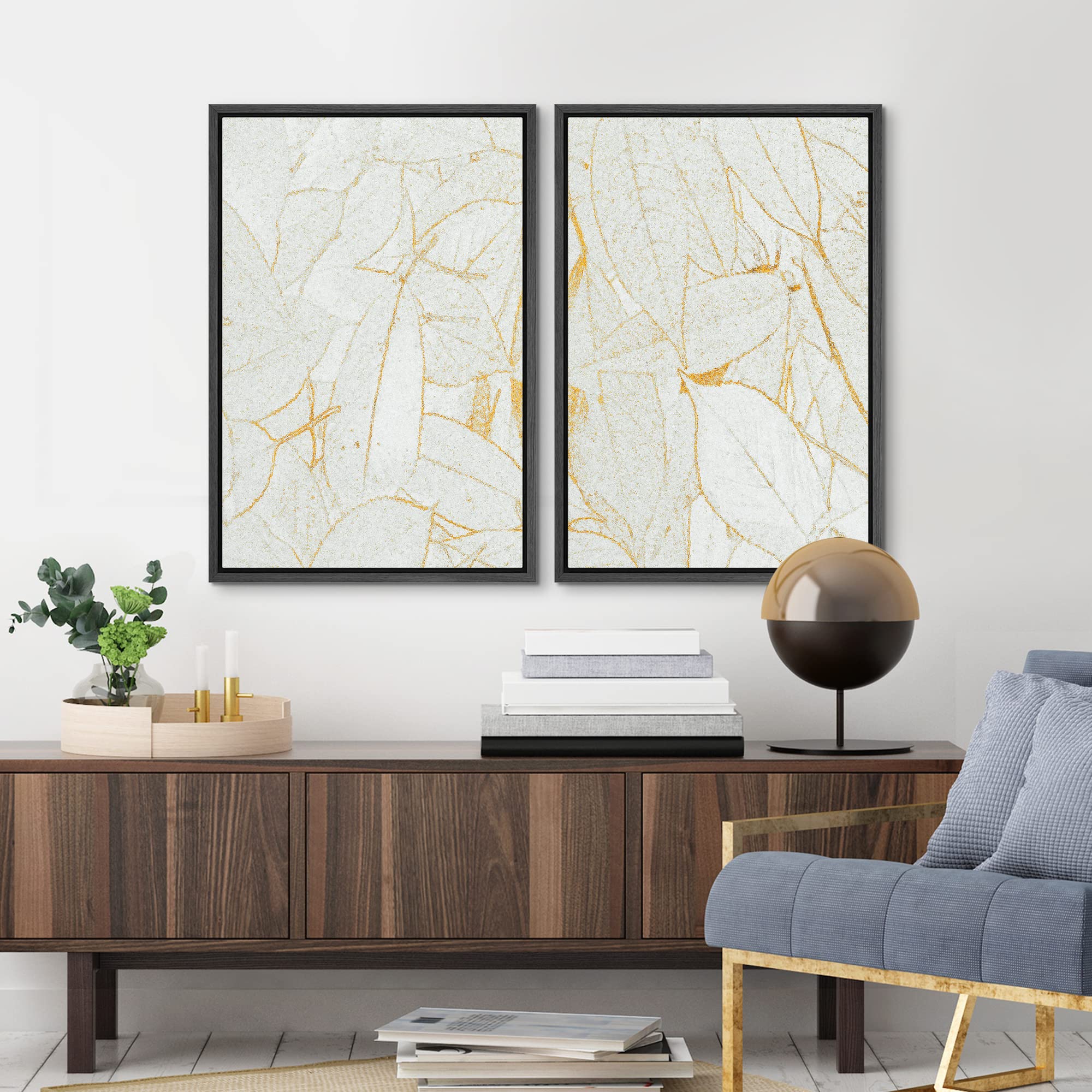 MUDECOR Framed Canvas Print Wall Art Gold & White Tropical Jungle Leaves Wilderness Nature Illustrations Modern Art Decorative Calm/Relax Multicolor Rustic Minimal for Bedroom - 16''x24''x2 Black