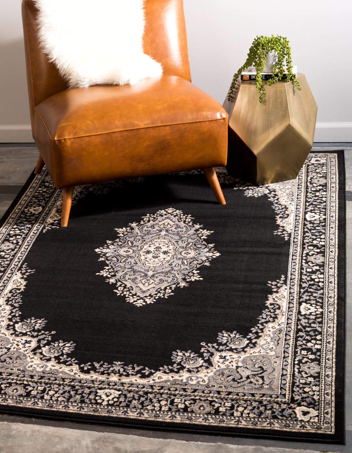 Unique Loom Reza Collection Traditional Persian Style Area Rug, Rectangular 5 0 x 8 0, Black/Beige