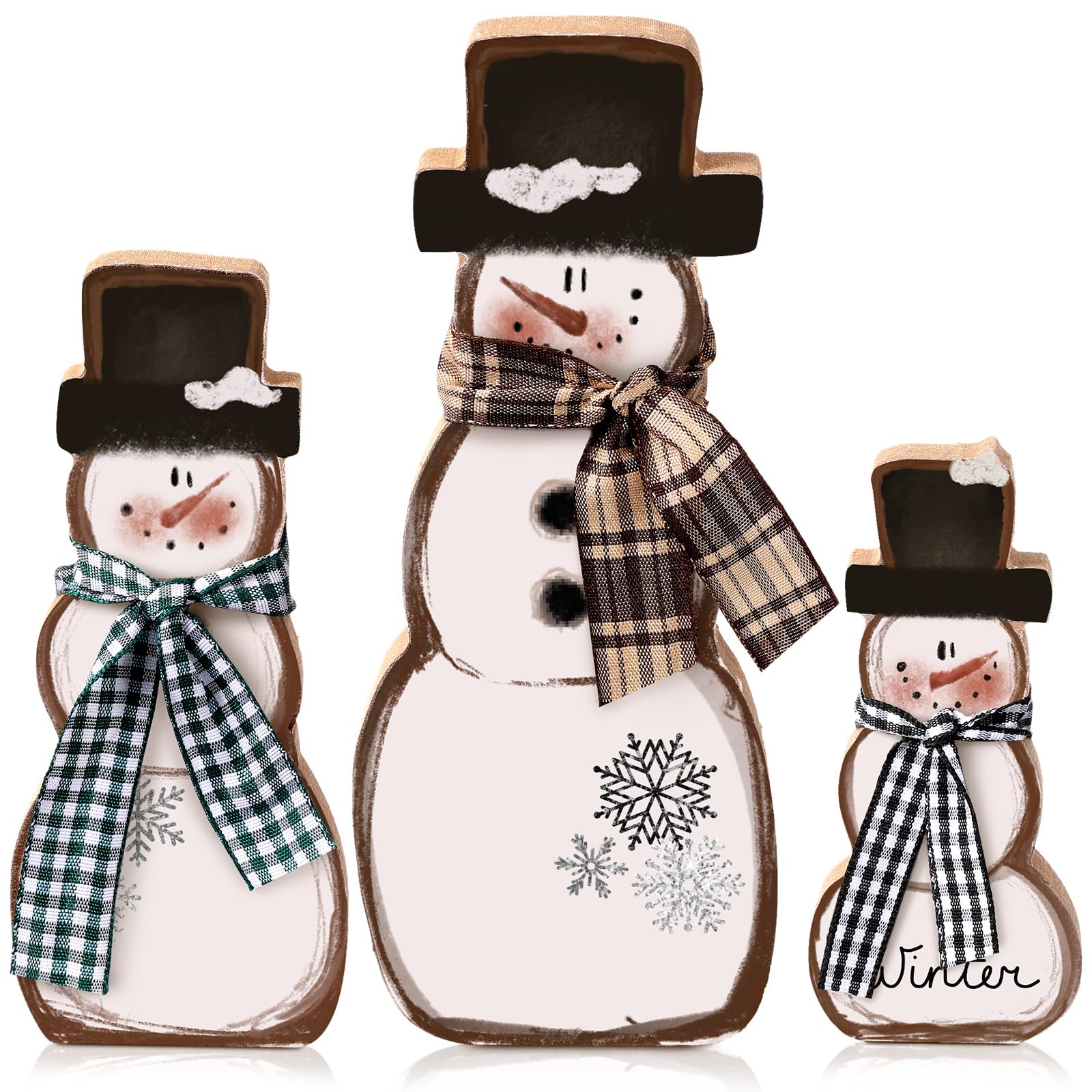 Suzile 3 Pcs Christmas Snowman Table Decorations Winter Wooden Snowman Centerpiece Block Signs Tiered Tray Desktop Figurine for 