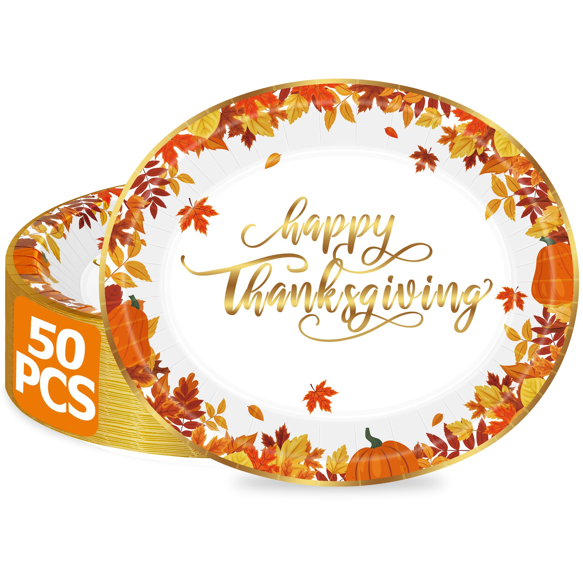 50 Pcs Thanksgiving Plates, 12.2    10.2 Inches Thanksgiving Oval Plates, Foil Gold Border Heavy Duty Fall Tableware, Disposable