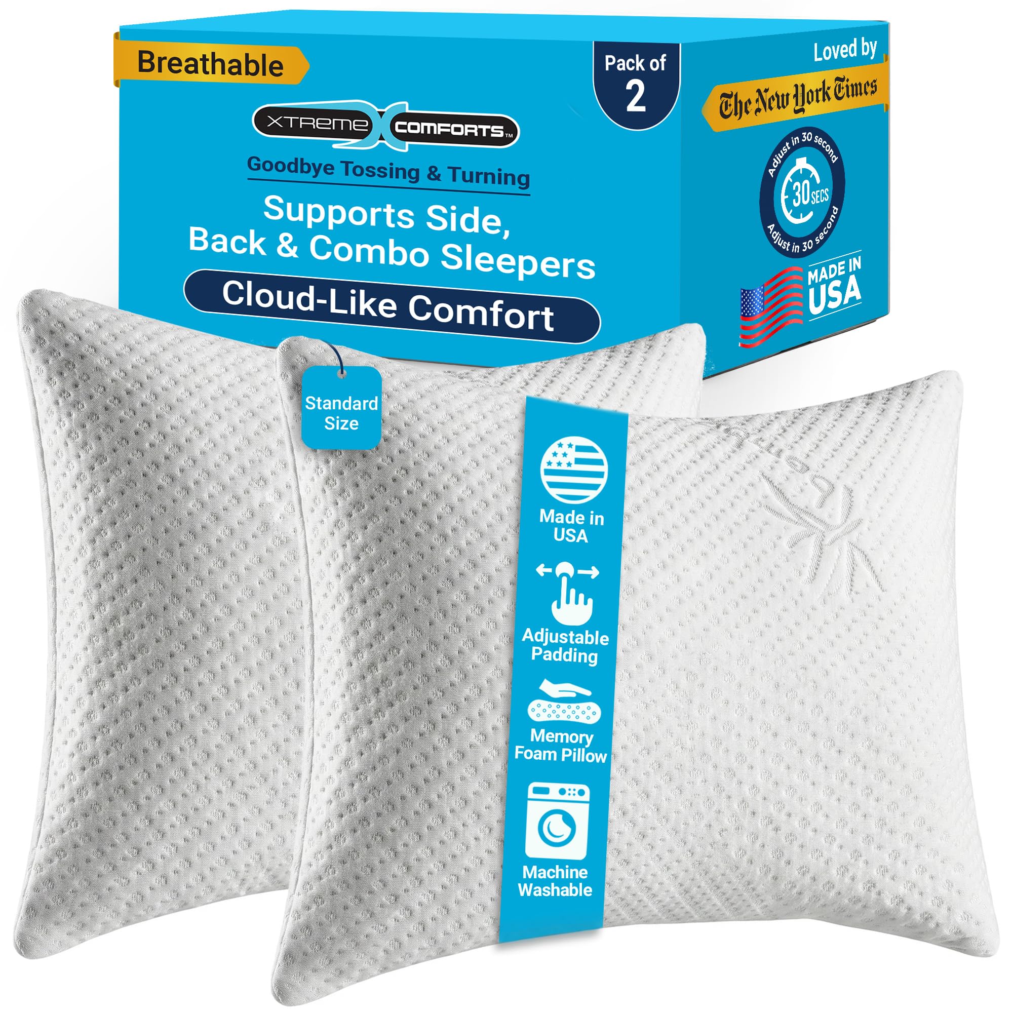 Xtreme Comforts Pillows For Sleeping Made In The Usa - Greenguard Gold Certified Adjustable Standard Memory Foam Pillow For Side