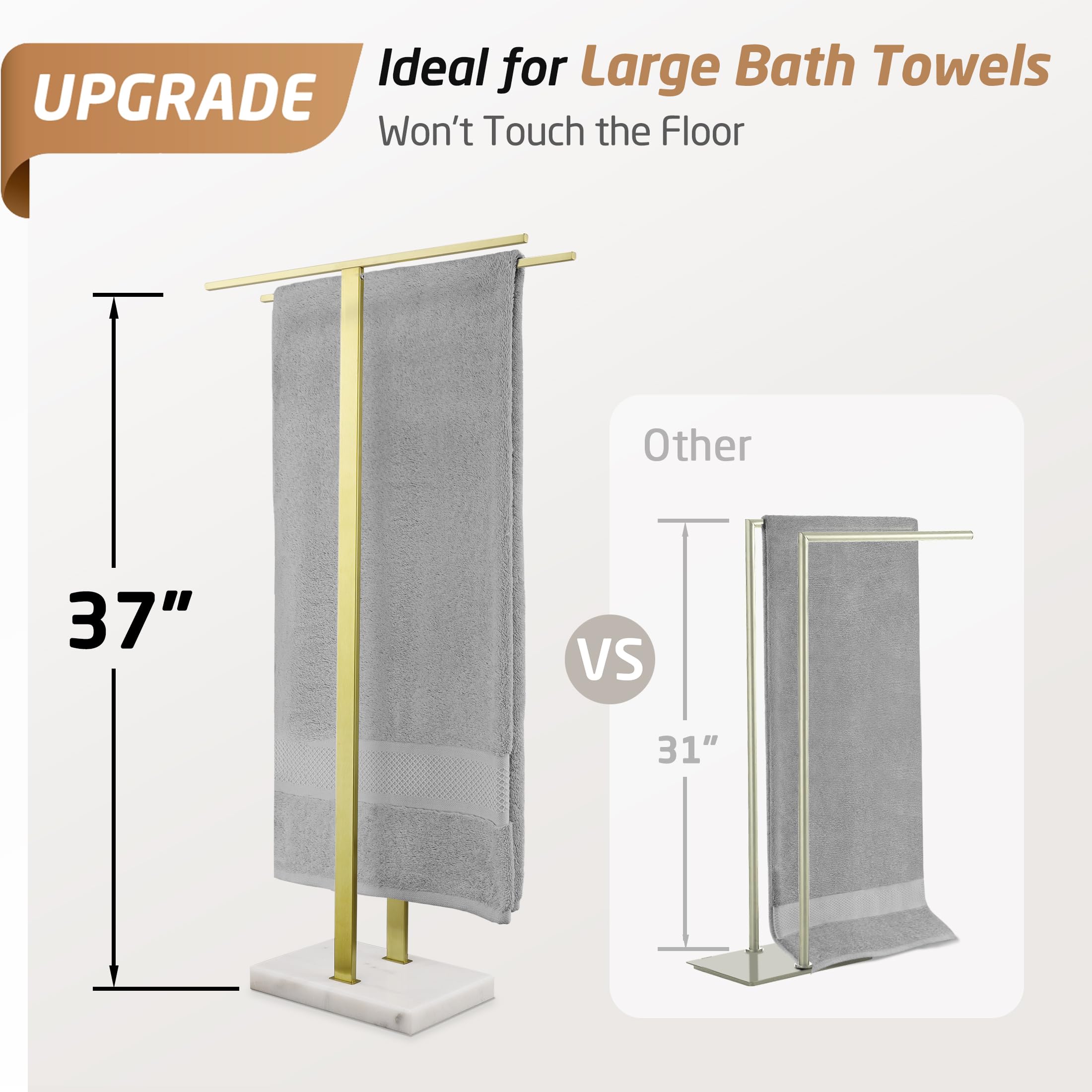 Kes Standing Towel Rack With Marble Base, 37'' H (Equal Height) Gold Towel Rack For Bathroom Floor, Towel Rack Stand Fits Large