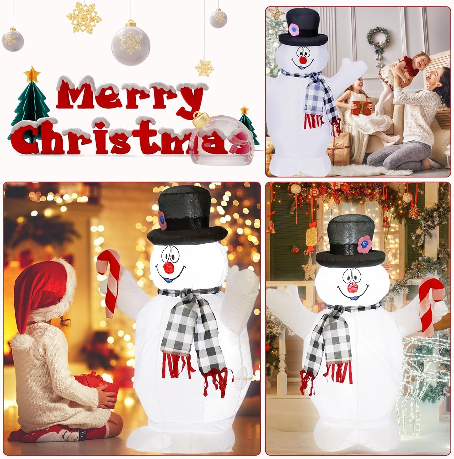4FT Inflatable Christmas Snowman Outdoor Decoration with LED Lights and Candy Cane, Suitable for Indoor and Outdoor Use Such as