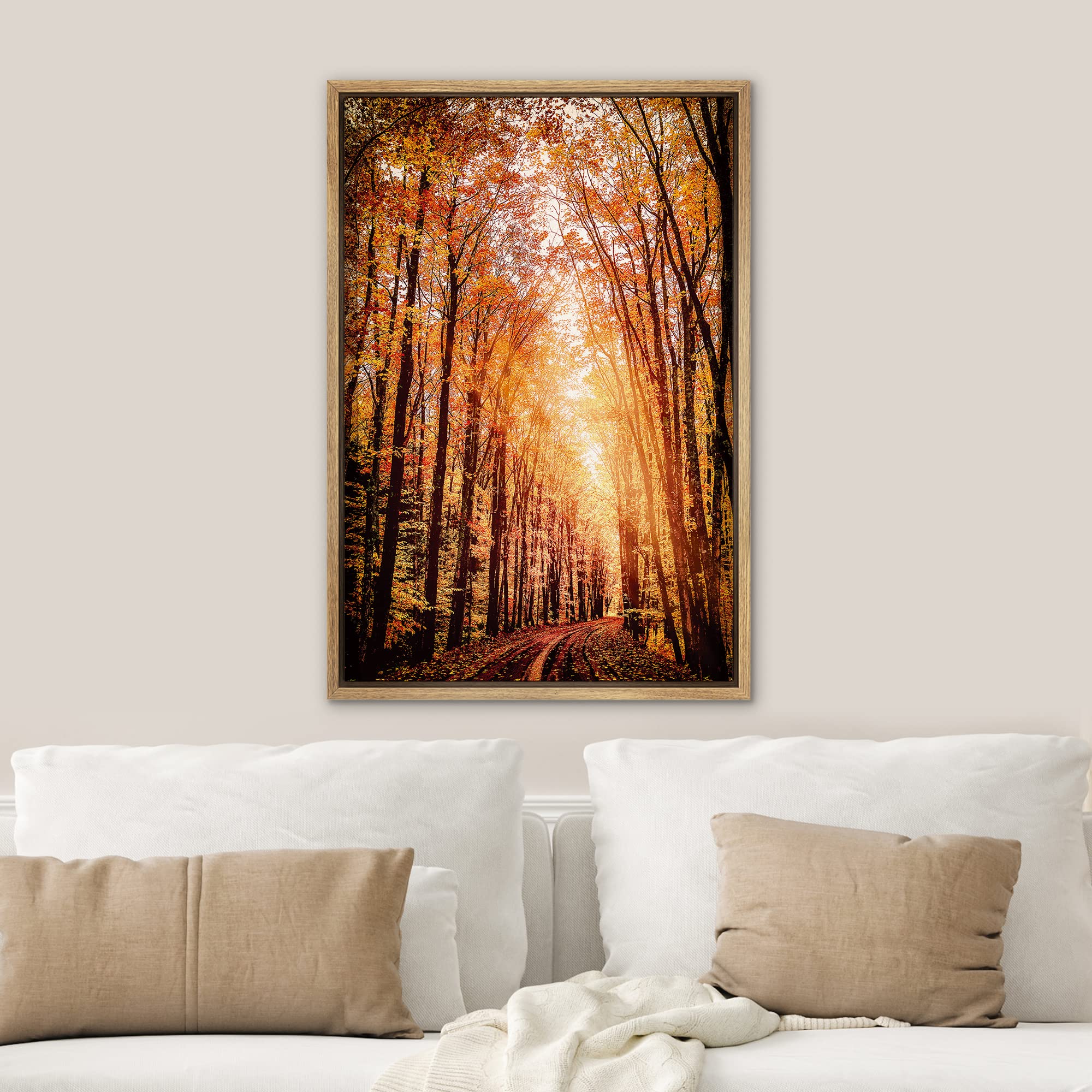 Signwin Framed Canvas Print Wall Art Rustic Trail Red Autumn Forest Nature Wilderness Modern Art Farmhouse/Country Landscape Col