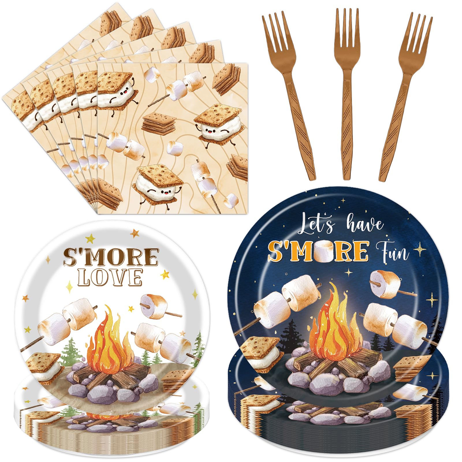 Deorfuy Smores Camping Birthday Party Decorations, 96PCS Camping Disposable Paper Plates and Napkin Tableware Decoration Lets Ha