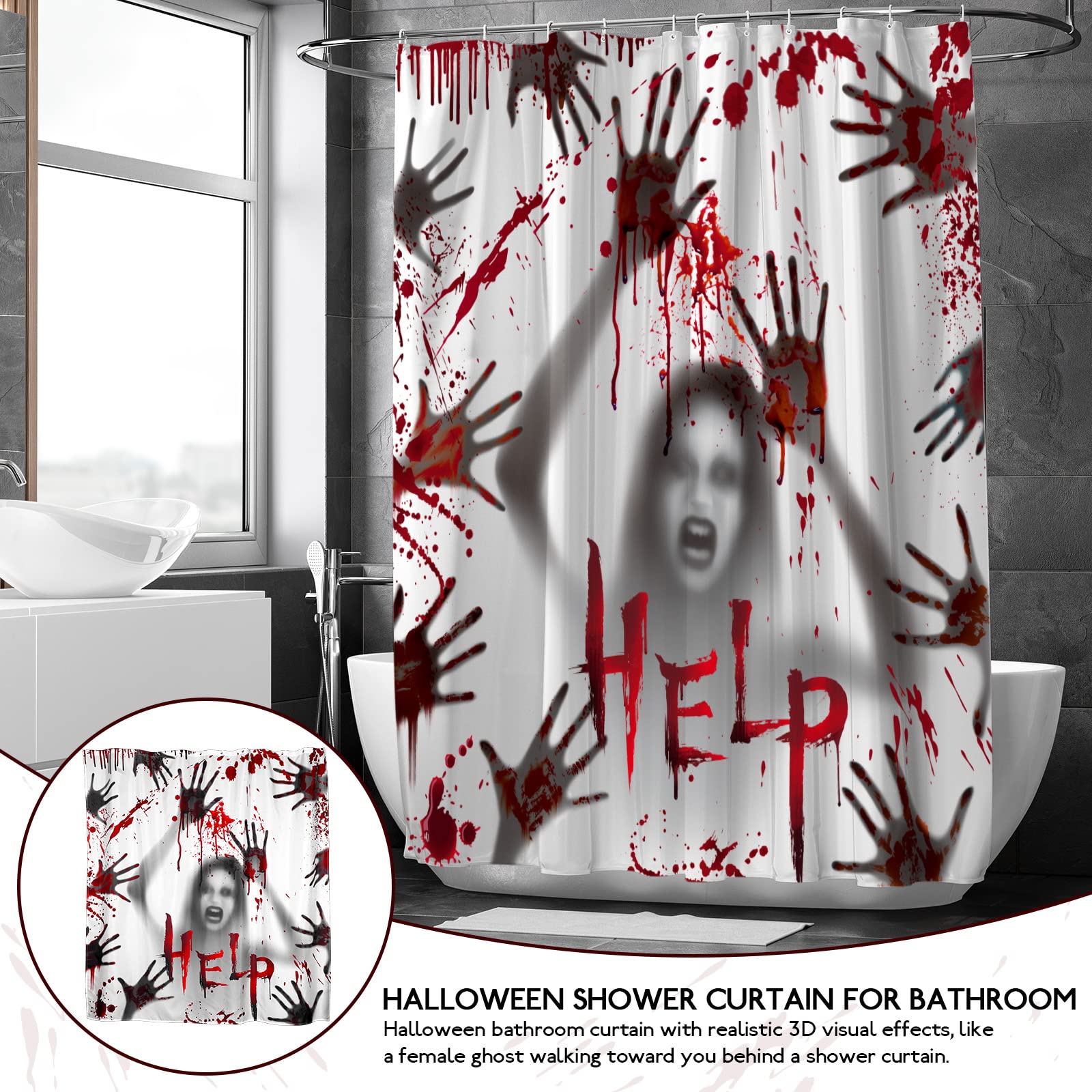 Cindeer Halloween Shower Curtain For Bathroom With Hook Scary Bloody Hands, 71 X 71 Inch Help Me Ghost Hand Shower Curtain Water