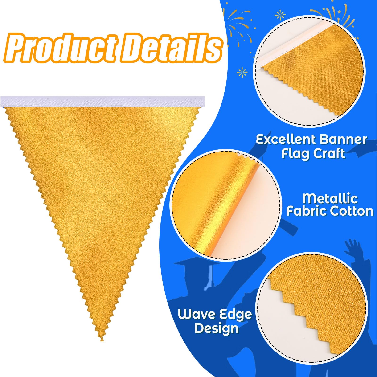 MARFOREVER Navy Blue Gold Pennant Banner, 30Pcs Metallic Fabric Triangle Flag Bunting Royal Blue Gold Party Hanging Decorations
