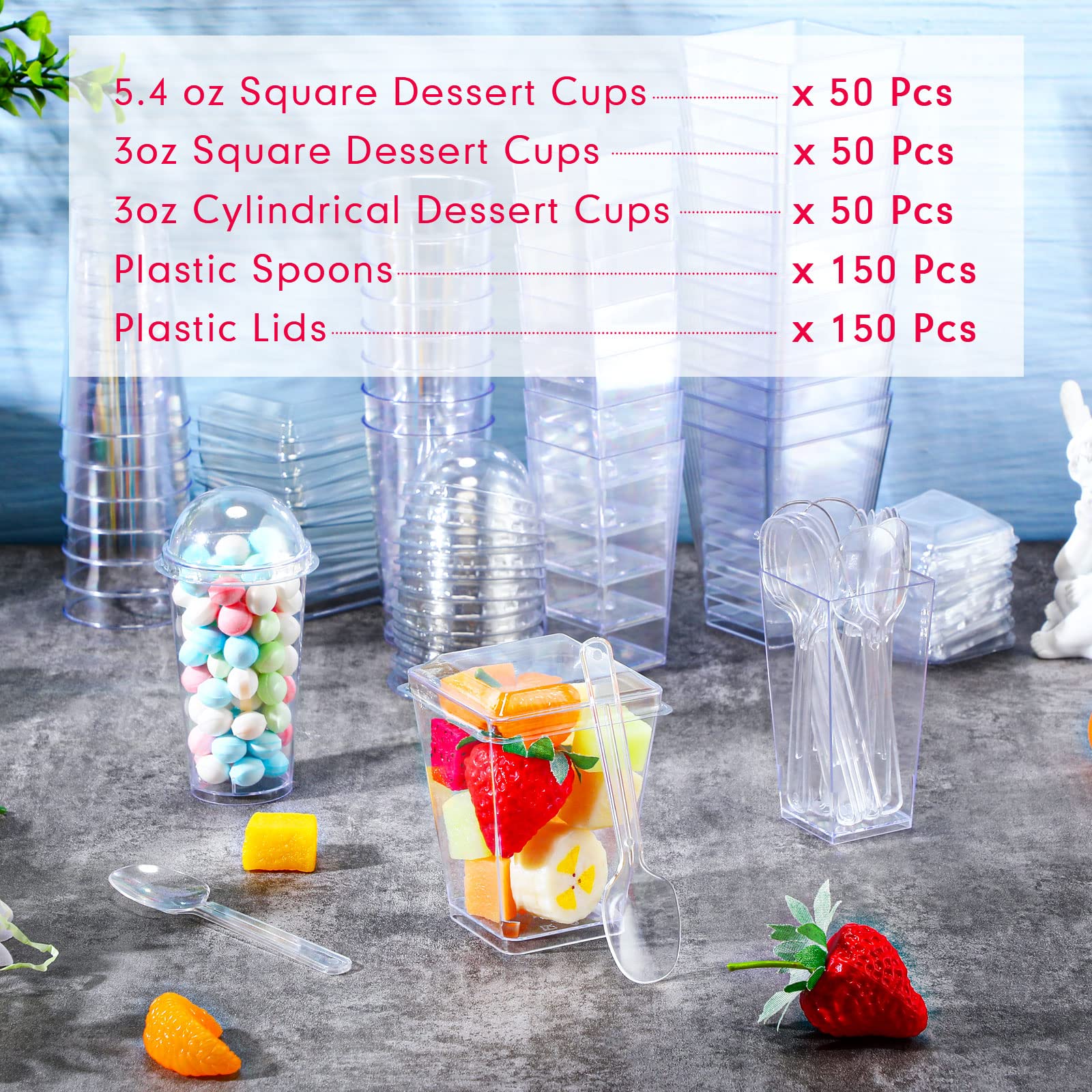 Jerify 150 Pack Plastic Dessert Cups With Lids And Spoons 3 Oz Mini Dessert Cups With Spoons 5.4 Oz Square Clear Dessert Shooter