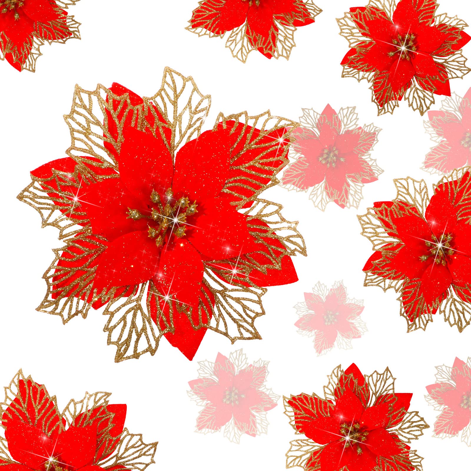 24 Pieces Christmas Glitter Poinsettia Flowers Layered Artificial Xmas Flowers Wedding Christmas Tree New Year Ornaments (Red)