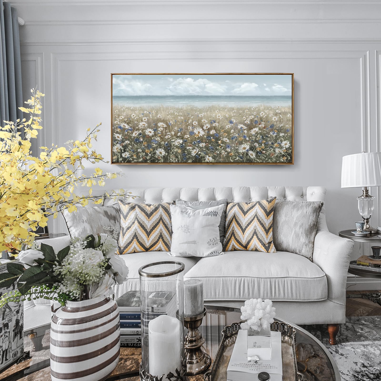 Large Wall Art For Living Room Framed Boho Beach Coastal Floral Ocean Wall Picture Farmhouse Daisy Flower Sea Canvas Print Nauti