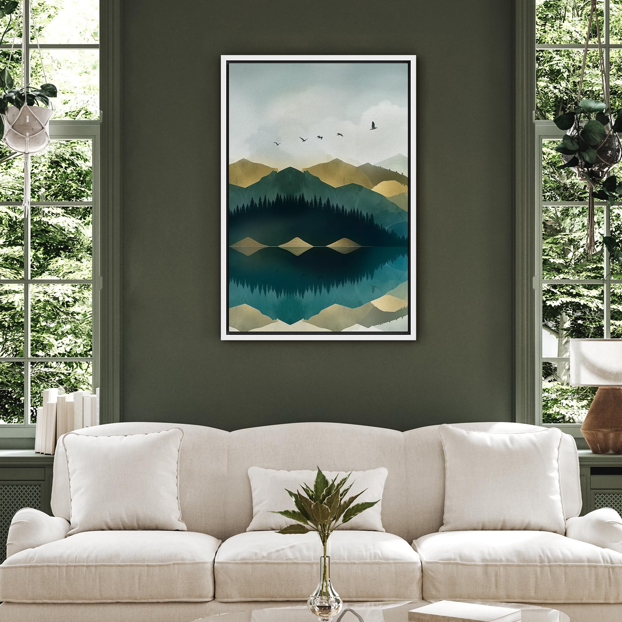 Signford Framed Canvas Print Wall Art Birds Soaring Over Mountain Reflection Nature Wilderness Illustrations Modern Art Decorati