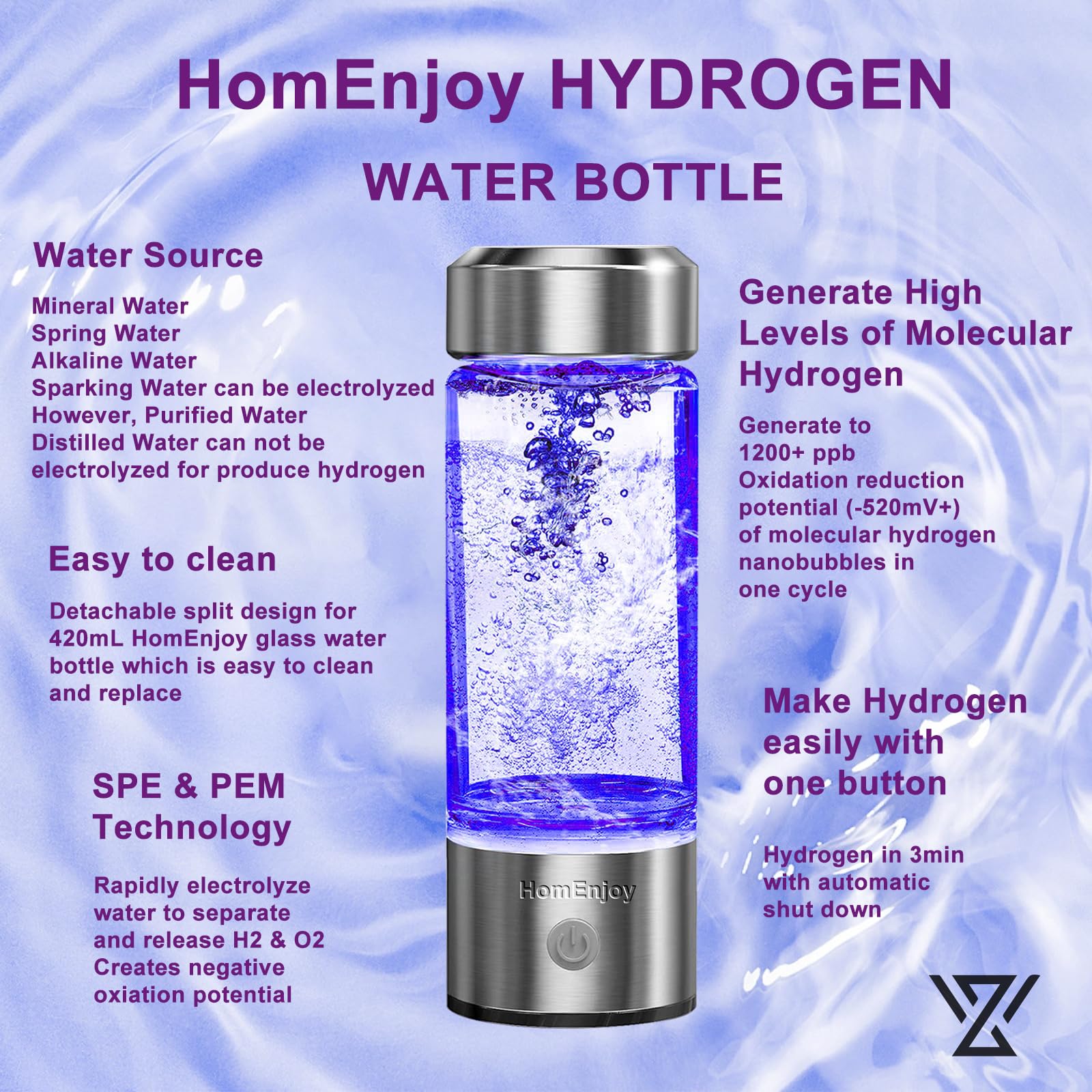 HomEnjoy Hydrogen Water Generator Bottle, SPE & PEM Technology, 14OZ Portable Rechargeable Hydrogen Water Ionizer Machine, for H