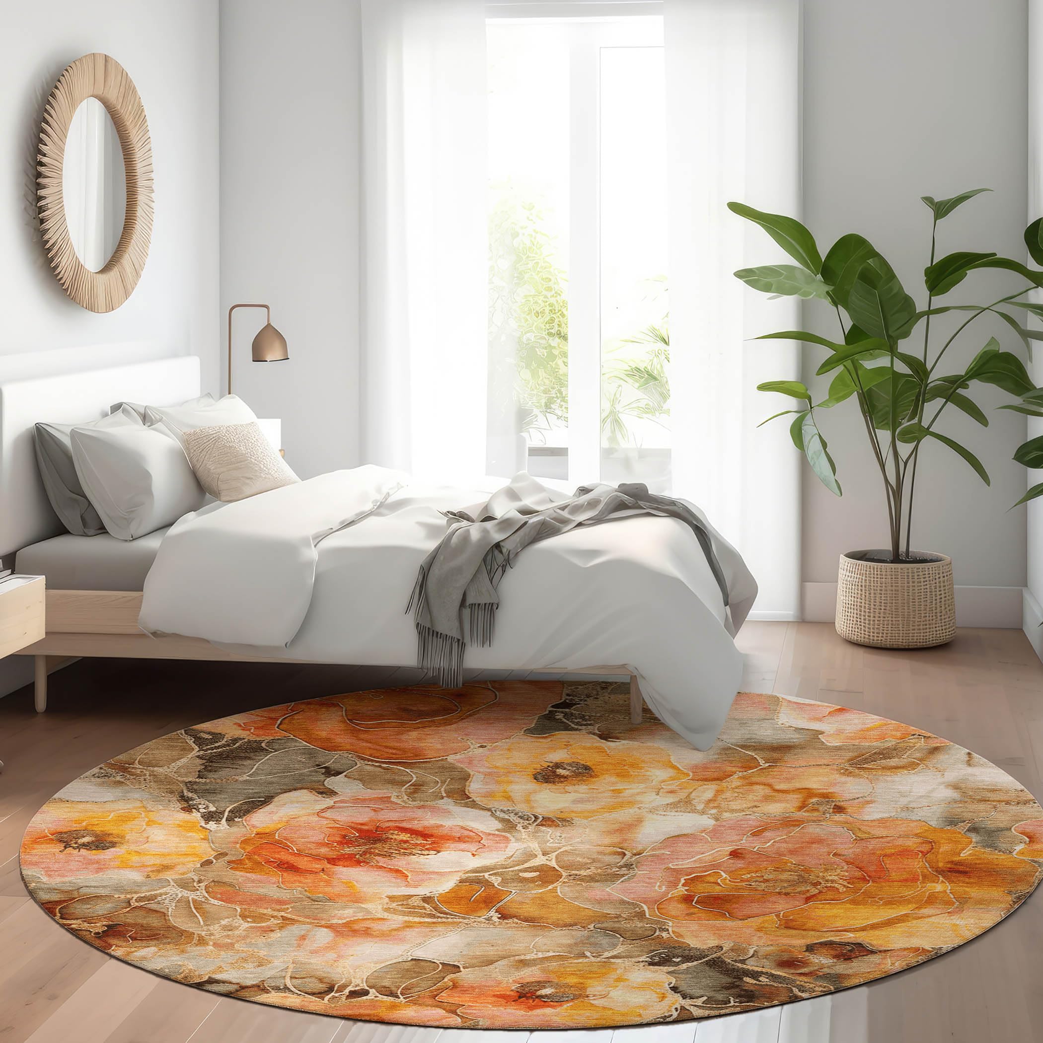 Machine Washable Indoor/Outdoor Chantille Orange 8 x 8 Round Rug