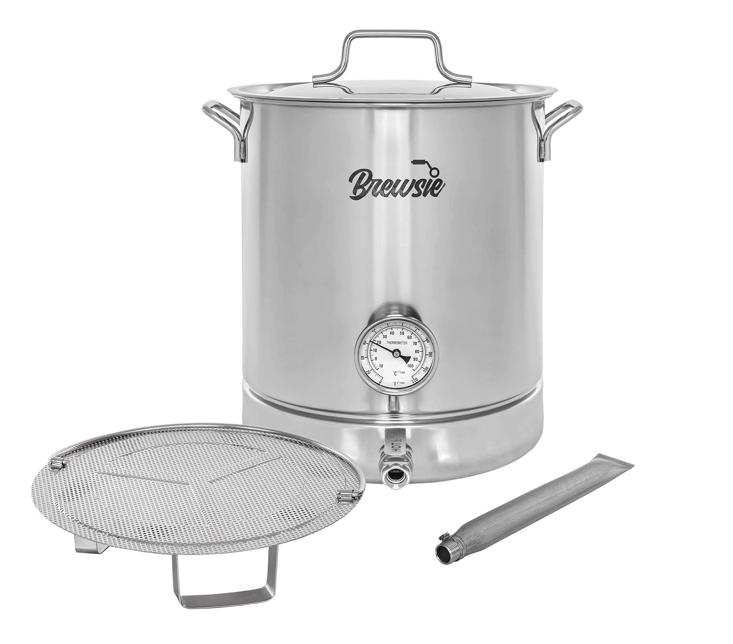 Brewsie Stainless Steel Home Brew Kettle W/Dual Filtration. Equip With False Bottom Thermometer And Ball Valve For Brewing (10 G