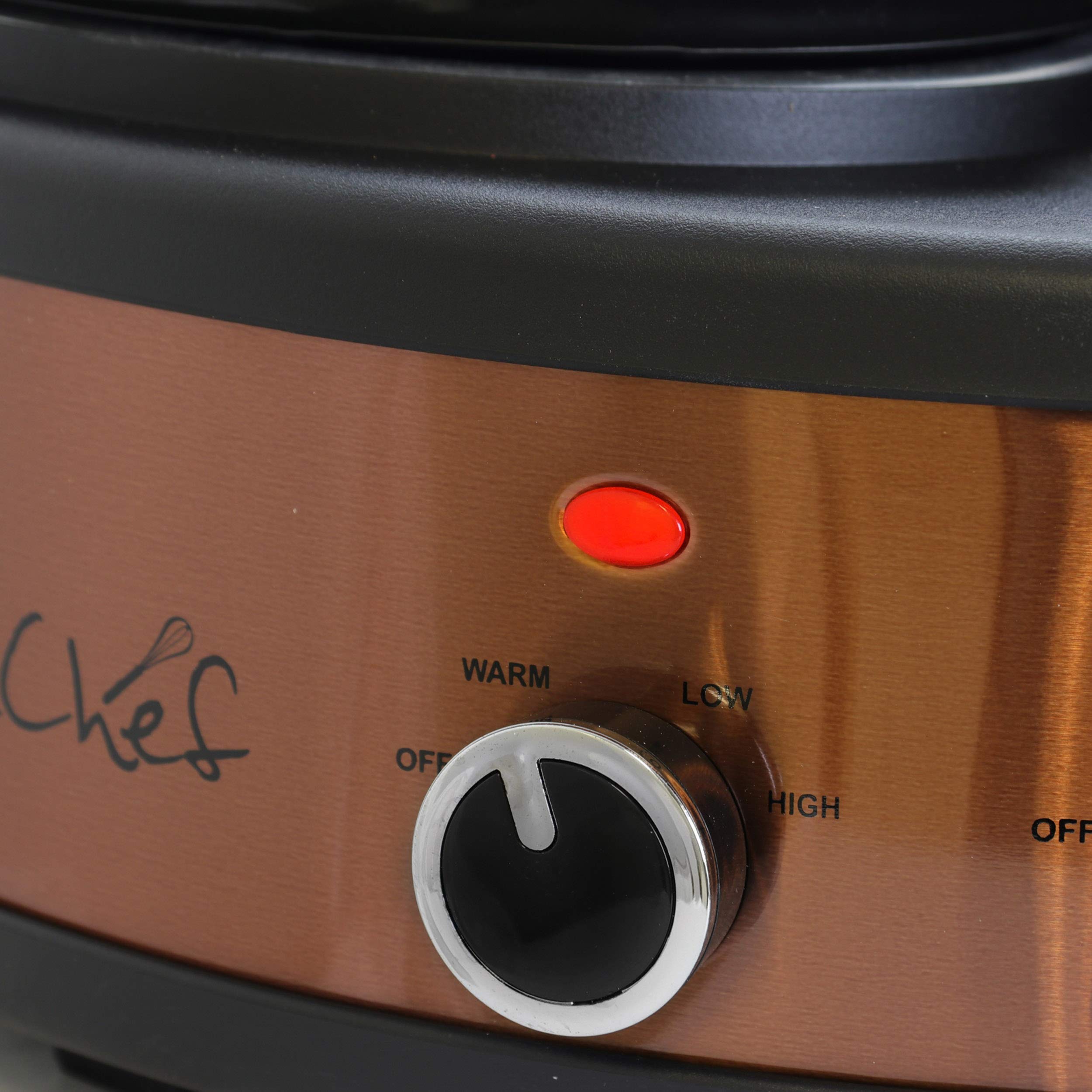 Megachef Round Triple 1.5 Quart Slow Cooker And Buffet Server In Brushed Copper And Black Finish With 3 Ceramic Cooking Pots And