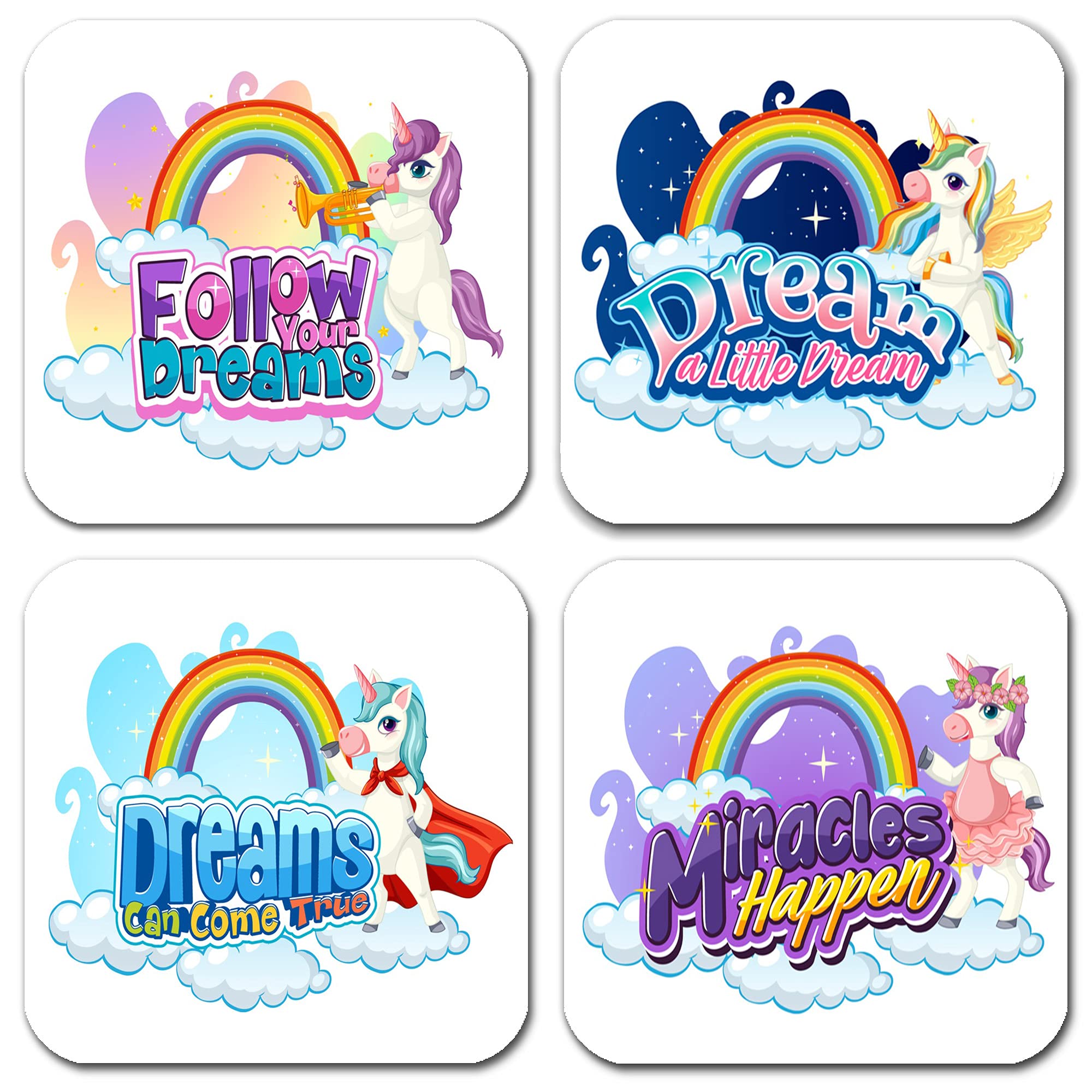 Unicorn Coasters For Kids, Set Of 4 Absorbent Neoprene Coasters For Drinks, Fun Cute Coaster Unique Designs, Square Cup Mats 3.5