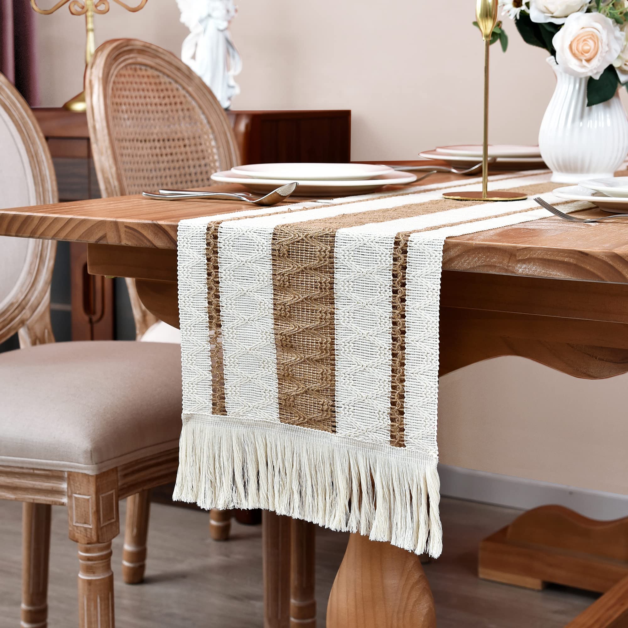 Home Macrame Table Runner Farmhouse Style - Burlap Cotton Rustic Cream Beige Boho Splicing Table Runner With Tassels For Wedding