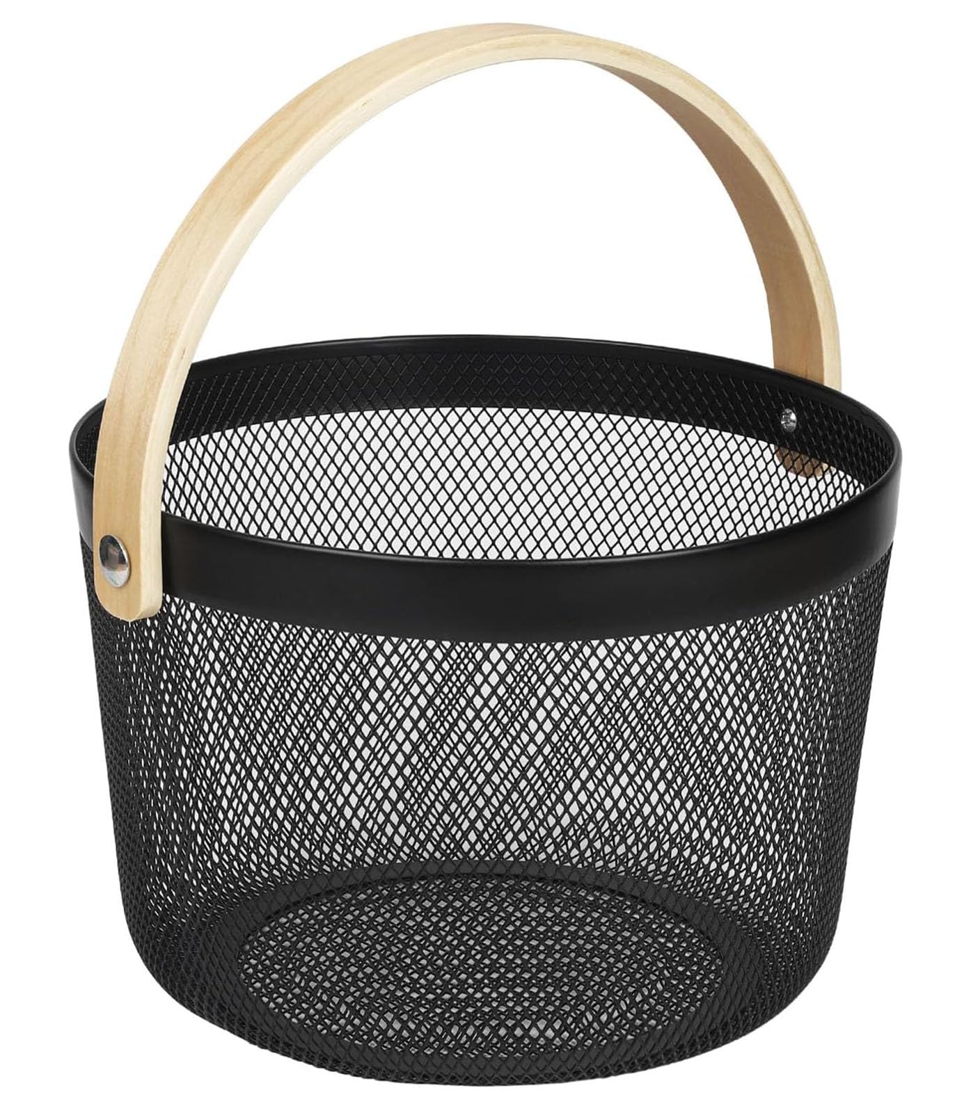 AJIODA Metal Mesh Steel Wire Basket, Round Storage Organizer Basket with Wooden Handle Multifunctional Hanging Kitchen Baskets 