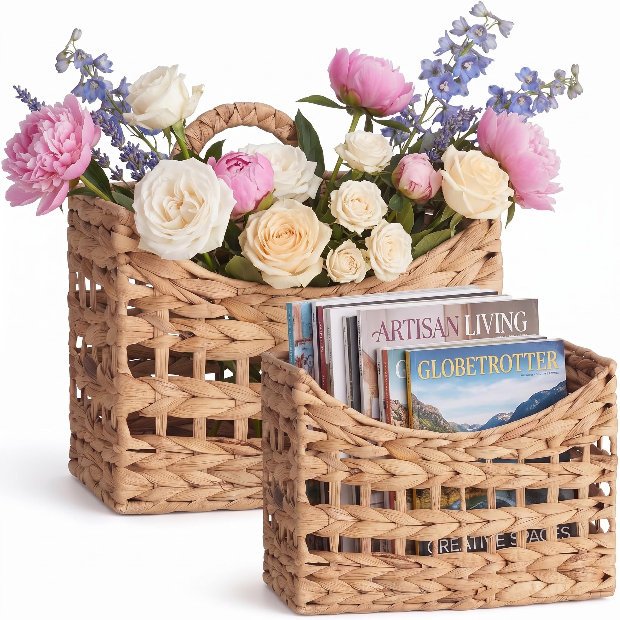 Mifoci 2 Pcs Wicker Hanging Wall Basket Woven Hanging Baskets Natural Water Hyacinth Wall Mounted Storage Baskets with Handle Fa